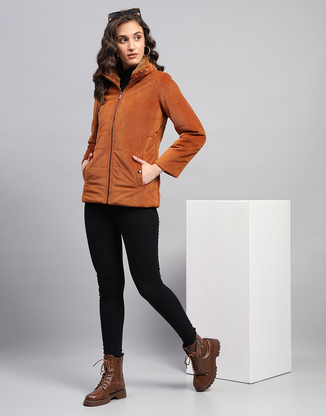 Women Rust Solid High Neck Full Sleeve Jacket