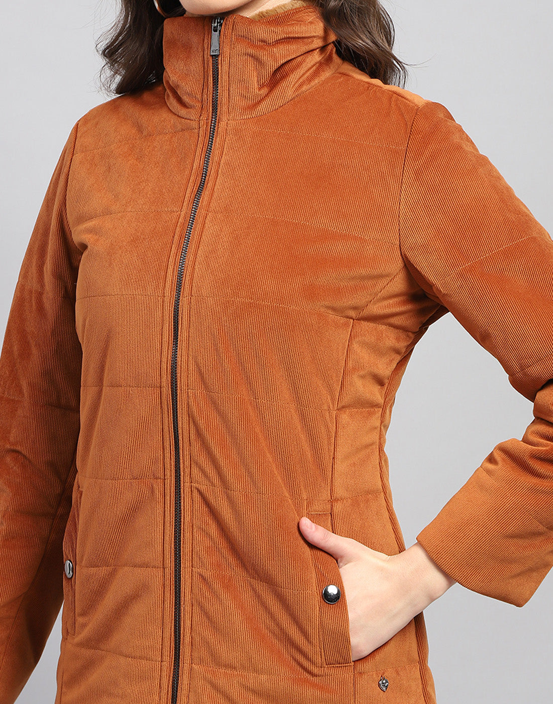 Women Rust Solid High Neck Full Sleeve Jacket