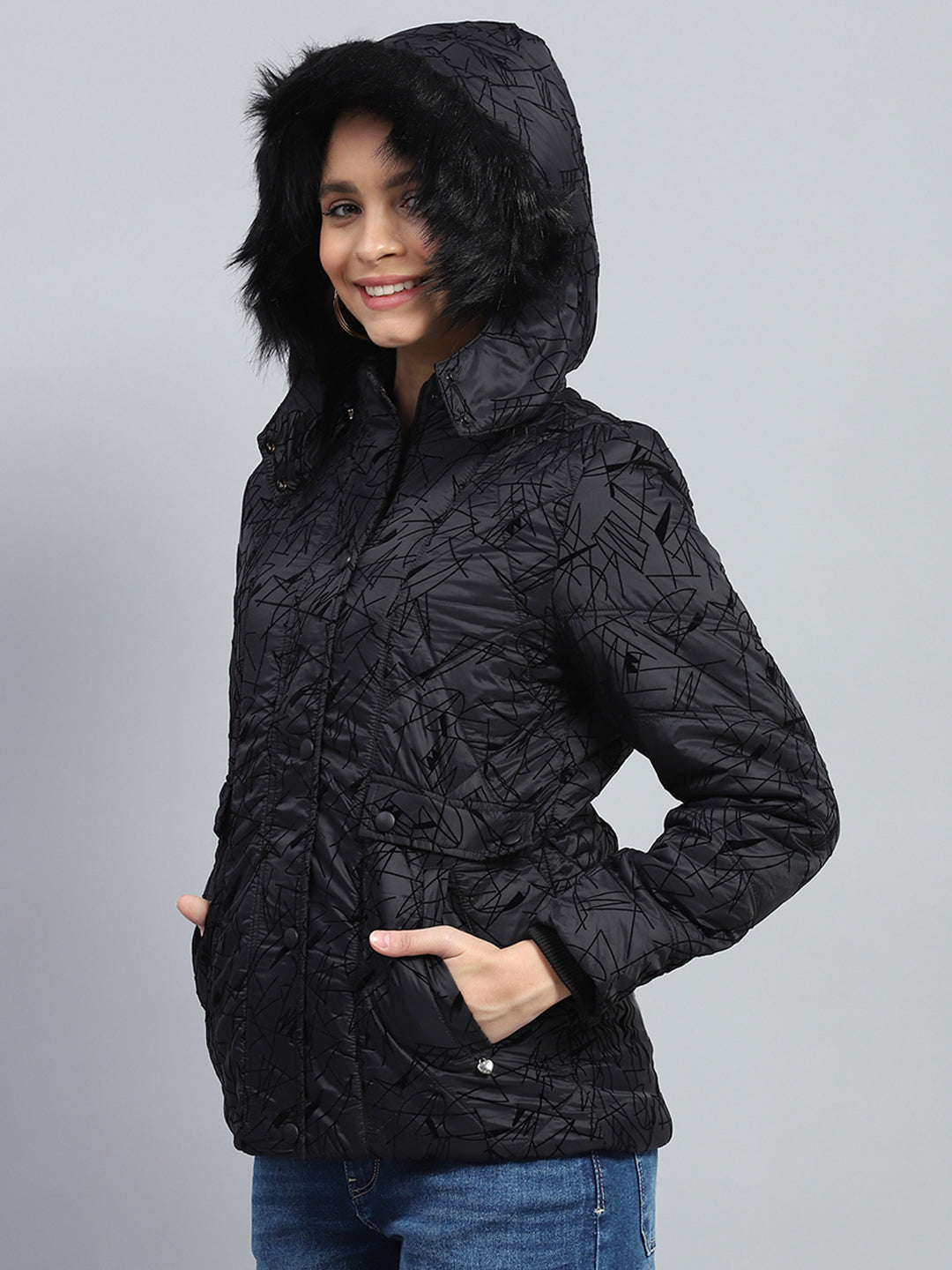 Women Black Solid Hooded Full Sleeve Jacket