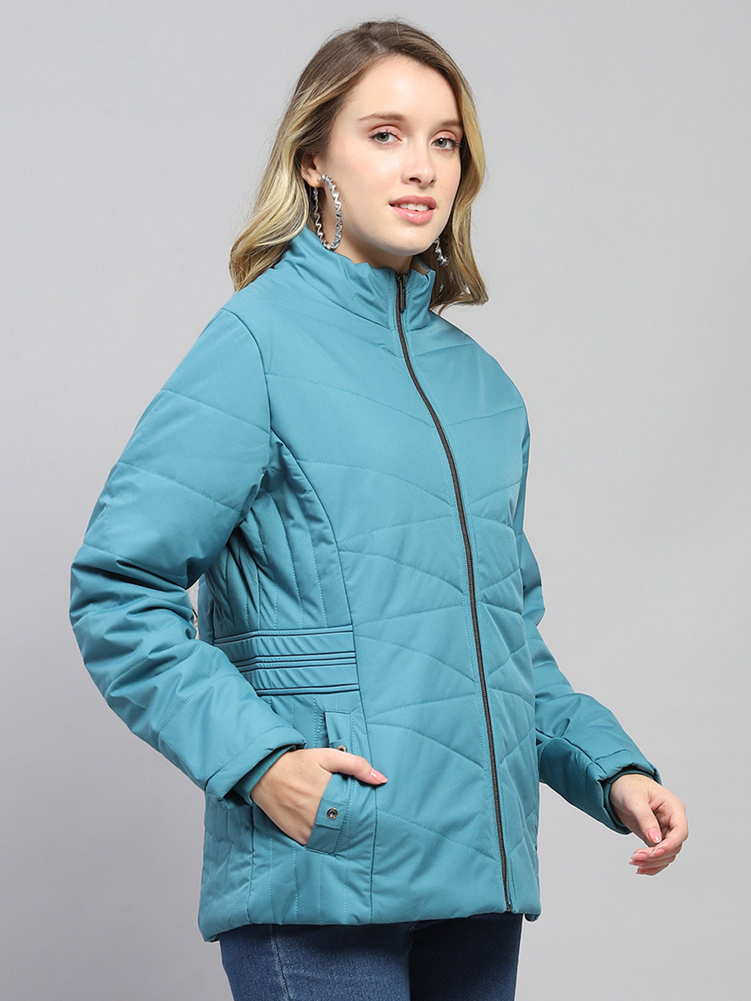 Women Teal Blue Solid Mock Neck Full Sleeve Jacket