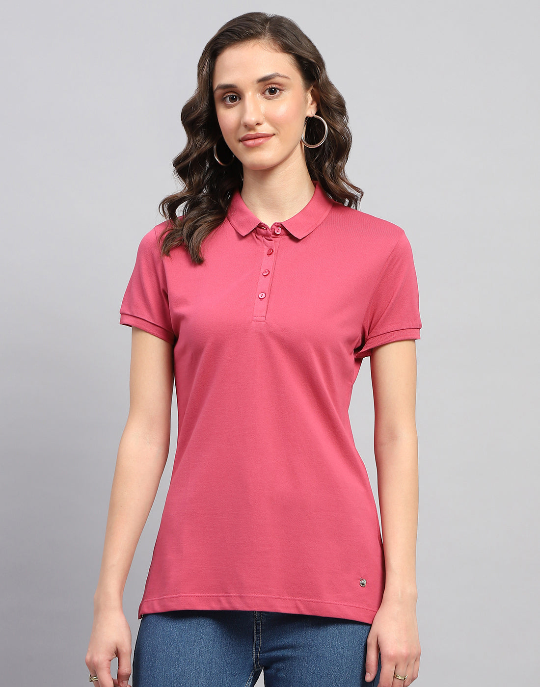 Women Pink Solid Polo Collar Half Sleeve T Shirt