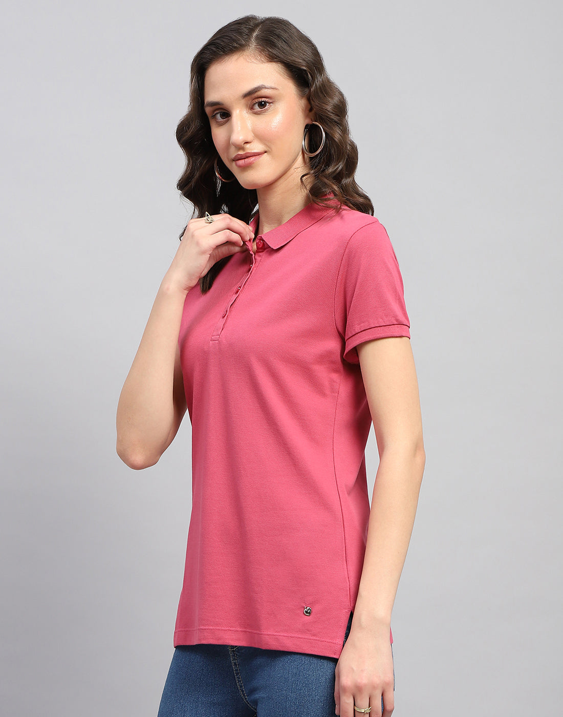 Women Pink Solid Polo Collar Half Sleeve T Shirt