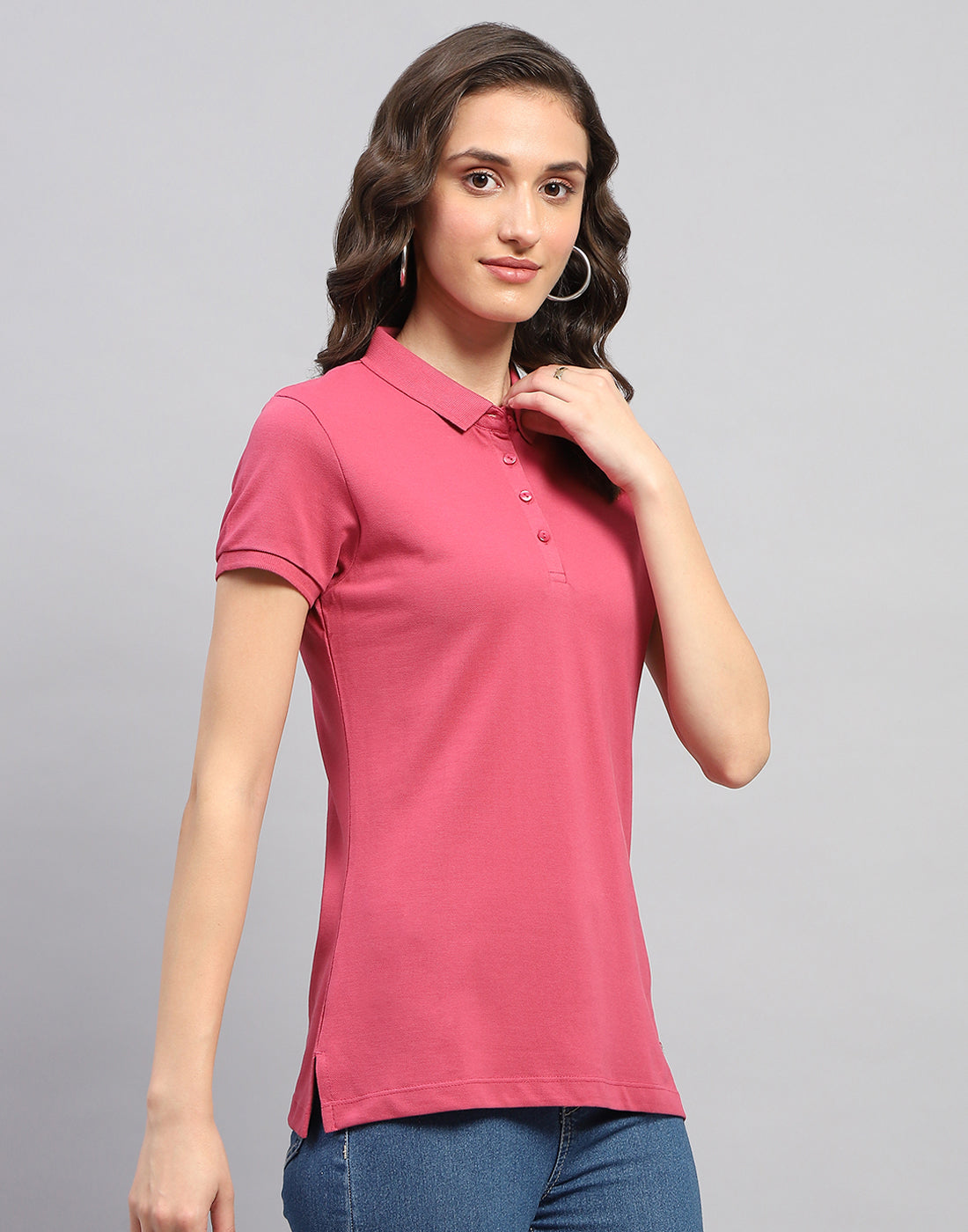 Women Pink Solid Polo Collar Half Sleeve T Shirt