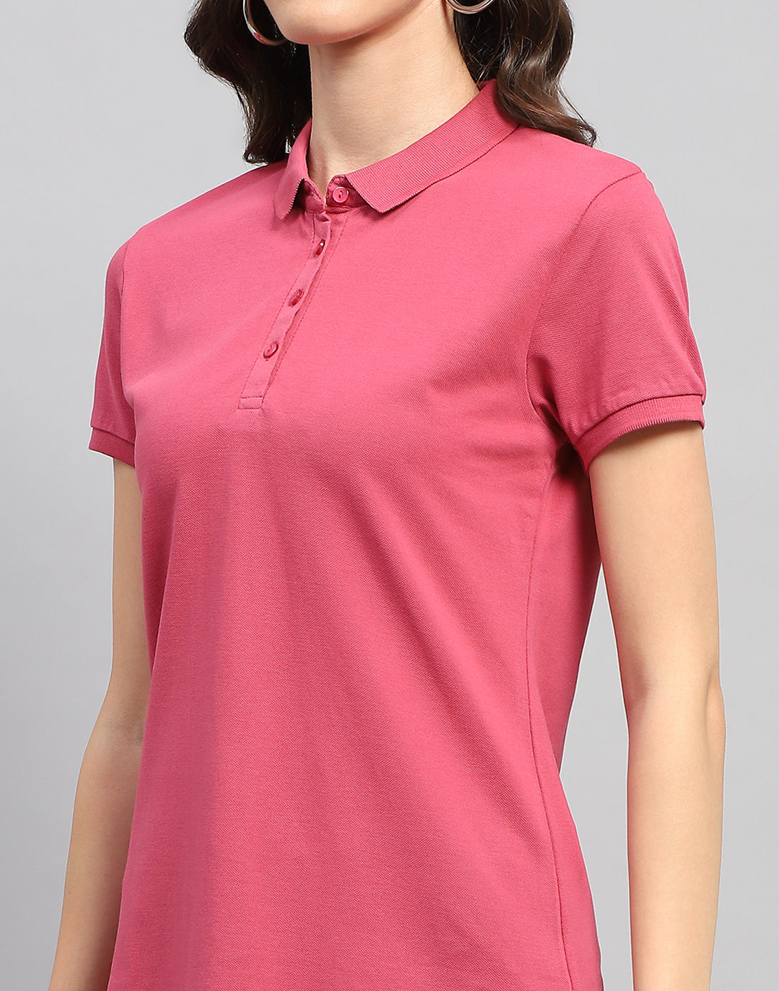 Women Pink Solid Polo Collar Half Sleeve T Shirt