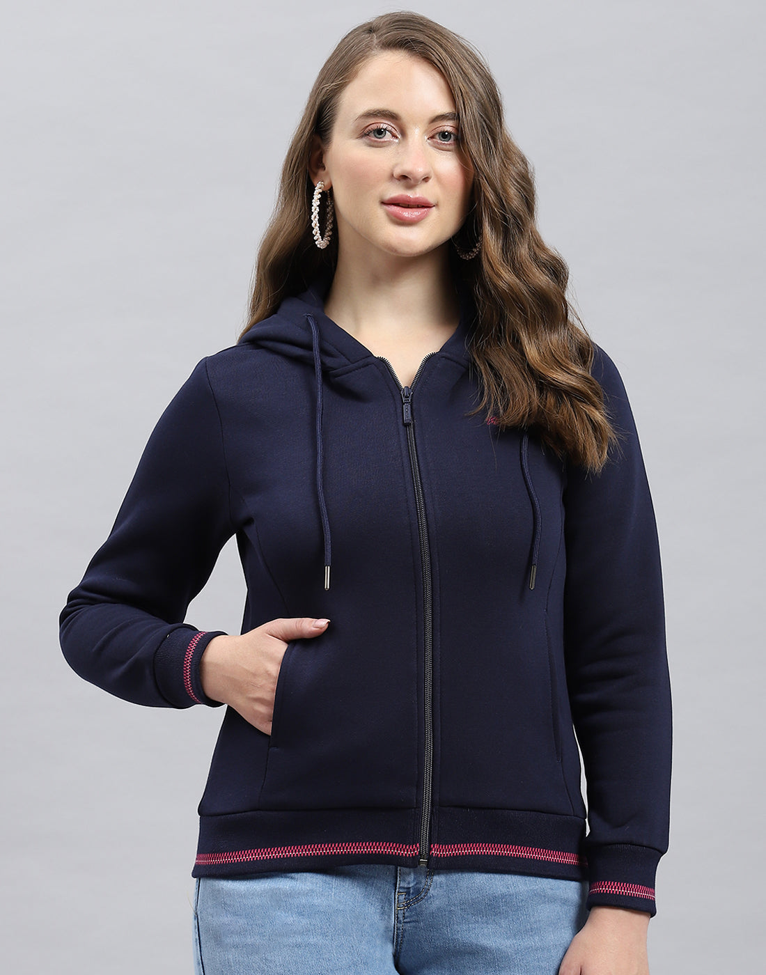 Women Navy Blue Solid Hooded Full Sleeve Sweatshirt