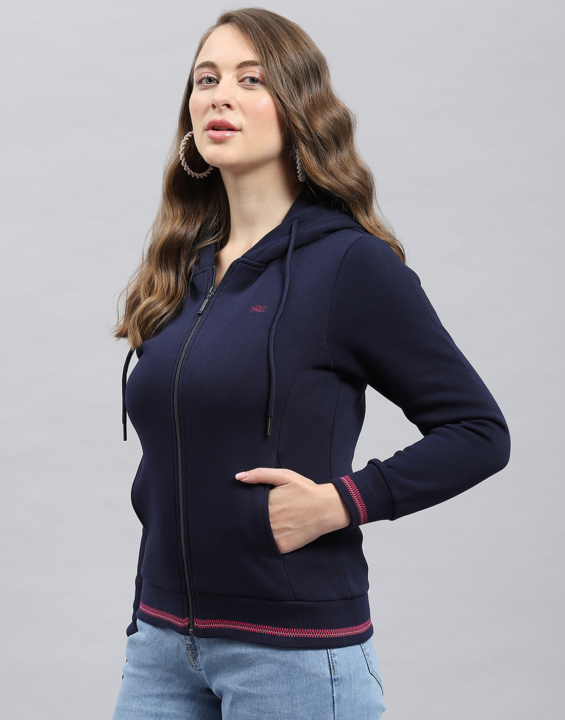 Women Navy Blue Solid Hooded Full Sleeve Sweatshirt