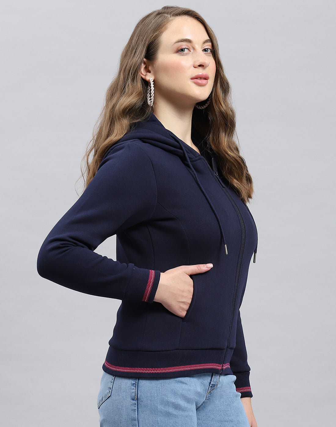 Women Navy Blue Solid Hooded Full Sleeve Sweatshirt