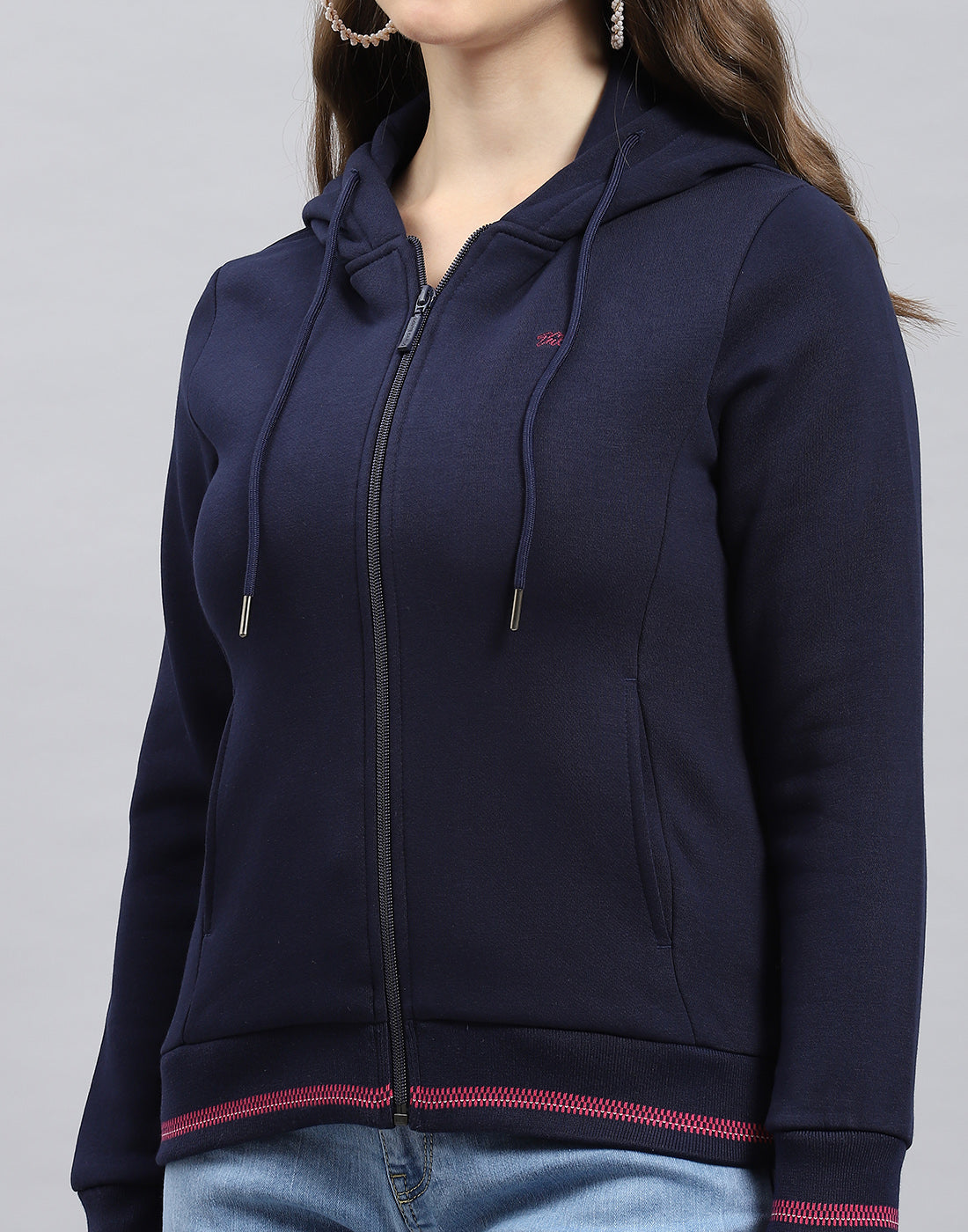 Women Navy Blue Solid Hooded Full Sleeve Sweatshirt