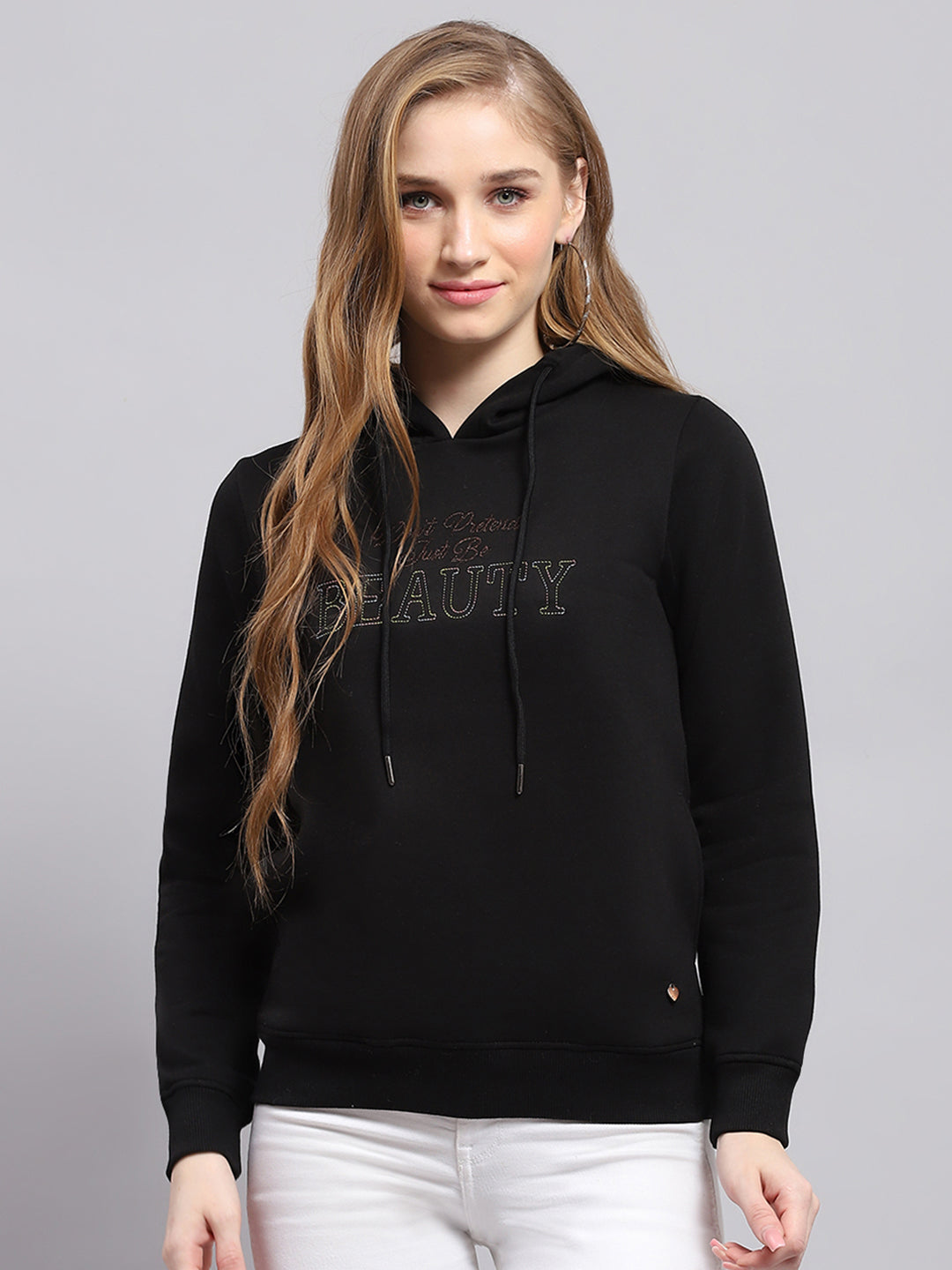 Women Black Printed Hooded Full Sleeve Sweatshirt