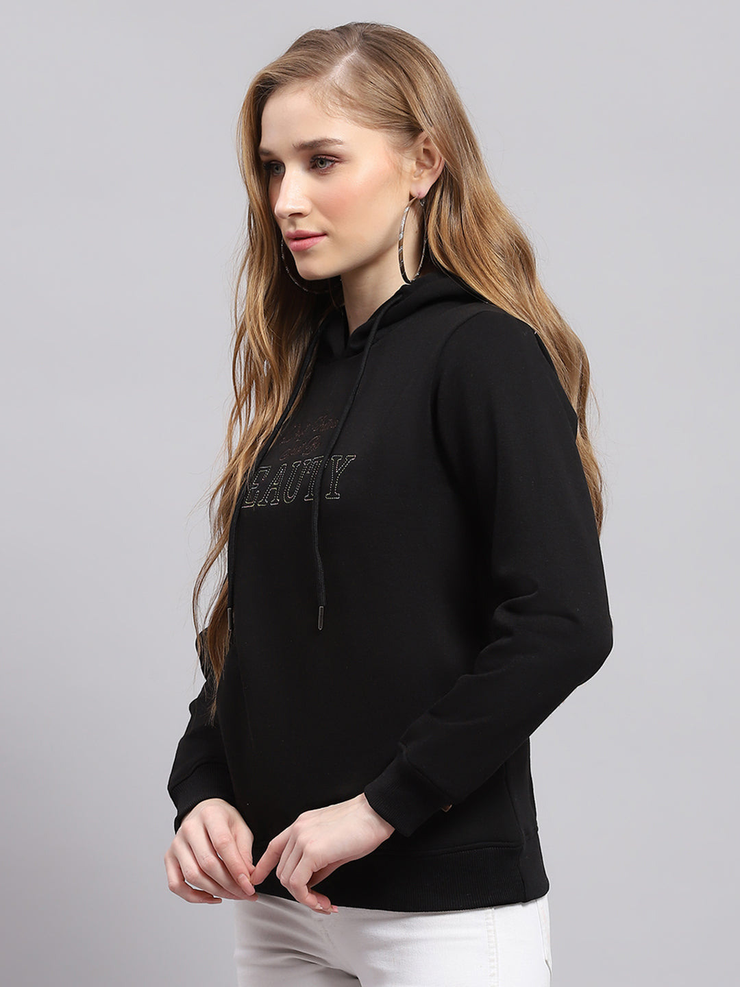 Women Black Printed Hooded Full Sleeve Sweatshirt