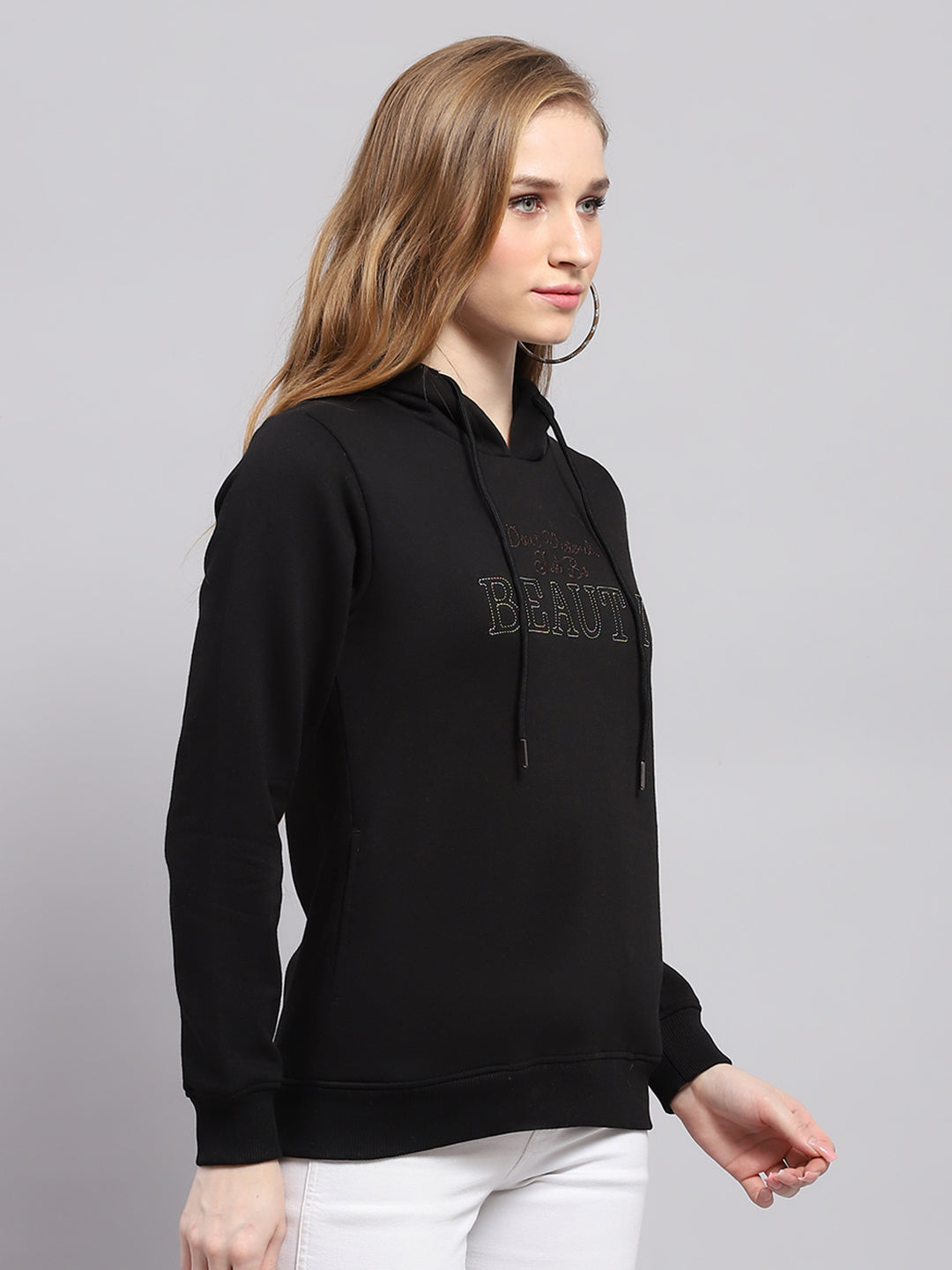 Women Black Printed Hooded Full Sleeve Sweatshirt