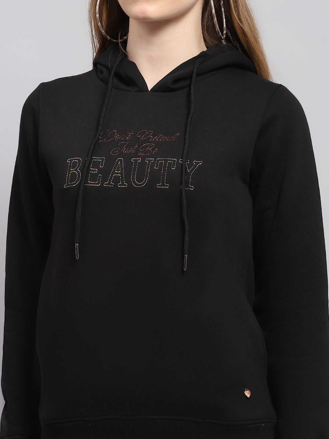 Women Black Printed Hooded Full Sleeve Sweatshirt