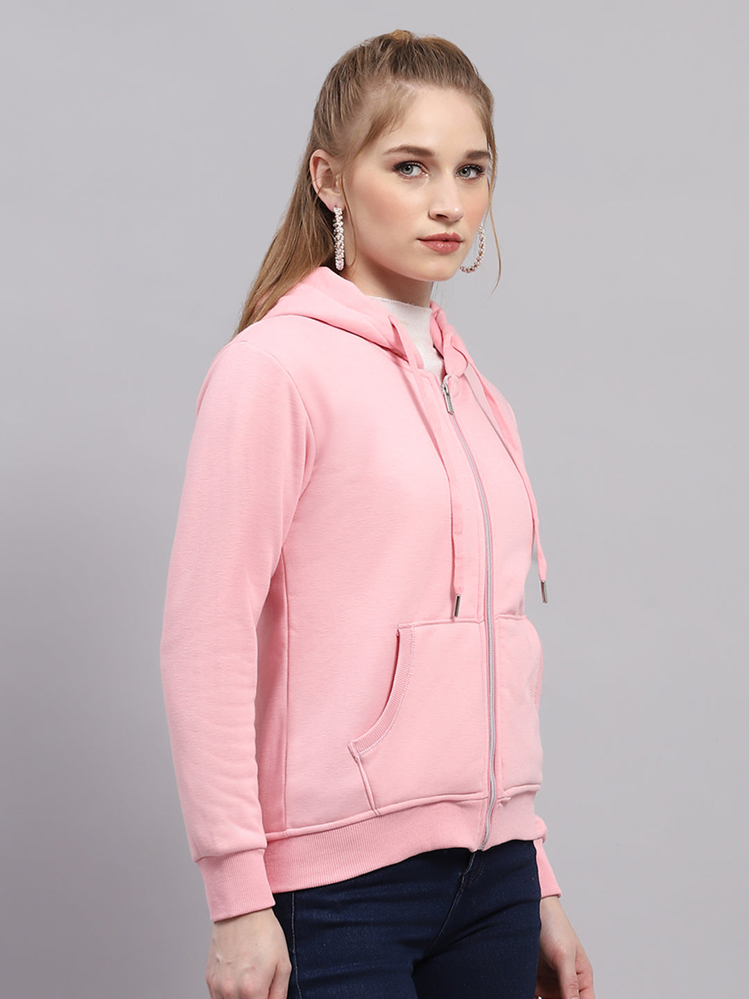 Women Pink Solid Hooded Full Sleeve Sweatshirt