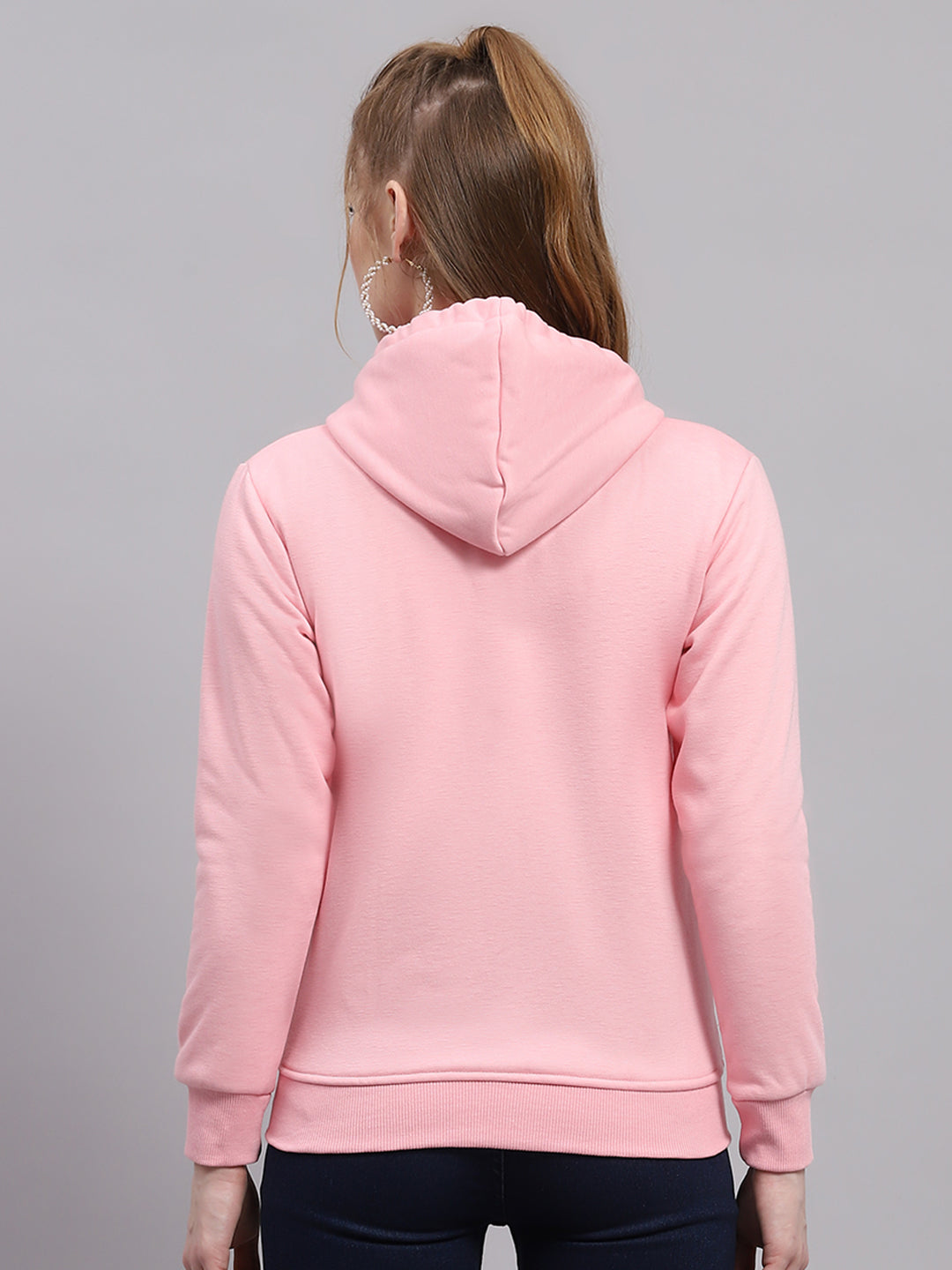 Women Pink Solid Hooded Full Sleeve Sweatshirt