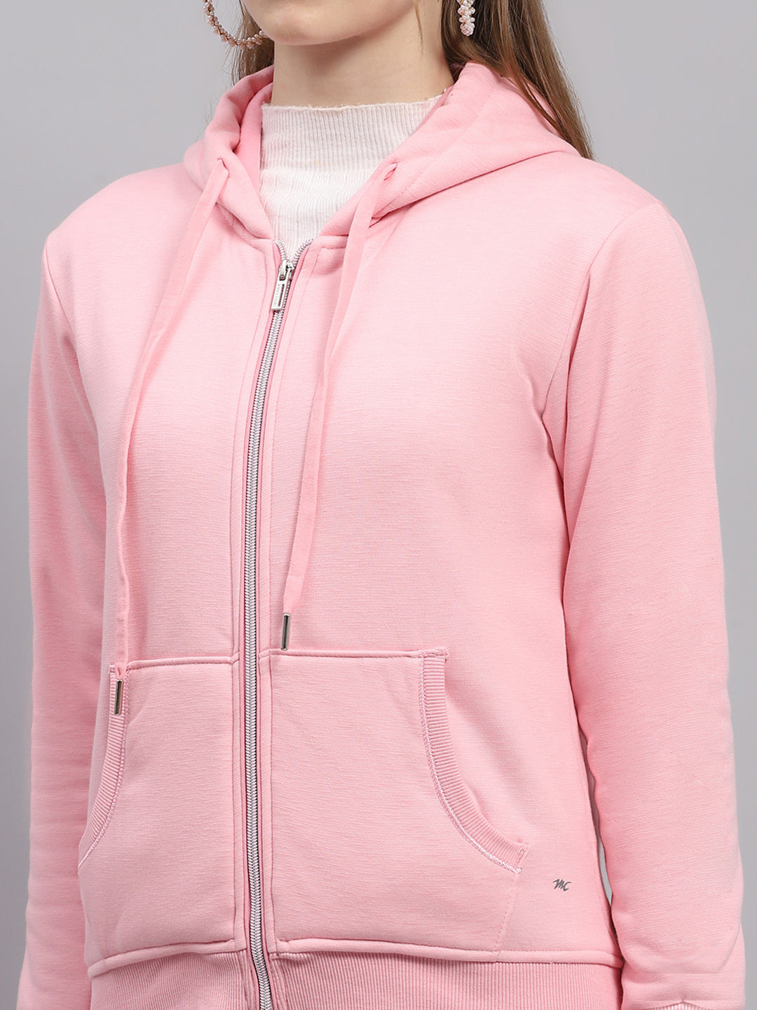 Women Pink Solid Hooded Full Sleeve Sweatshirt