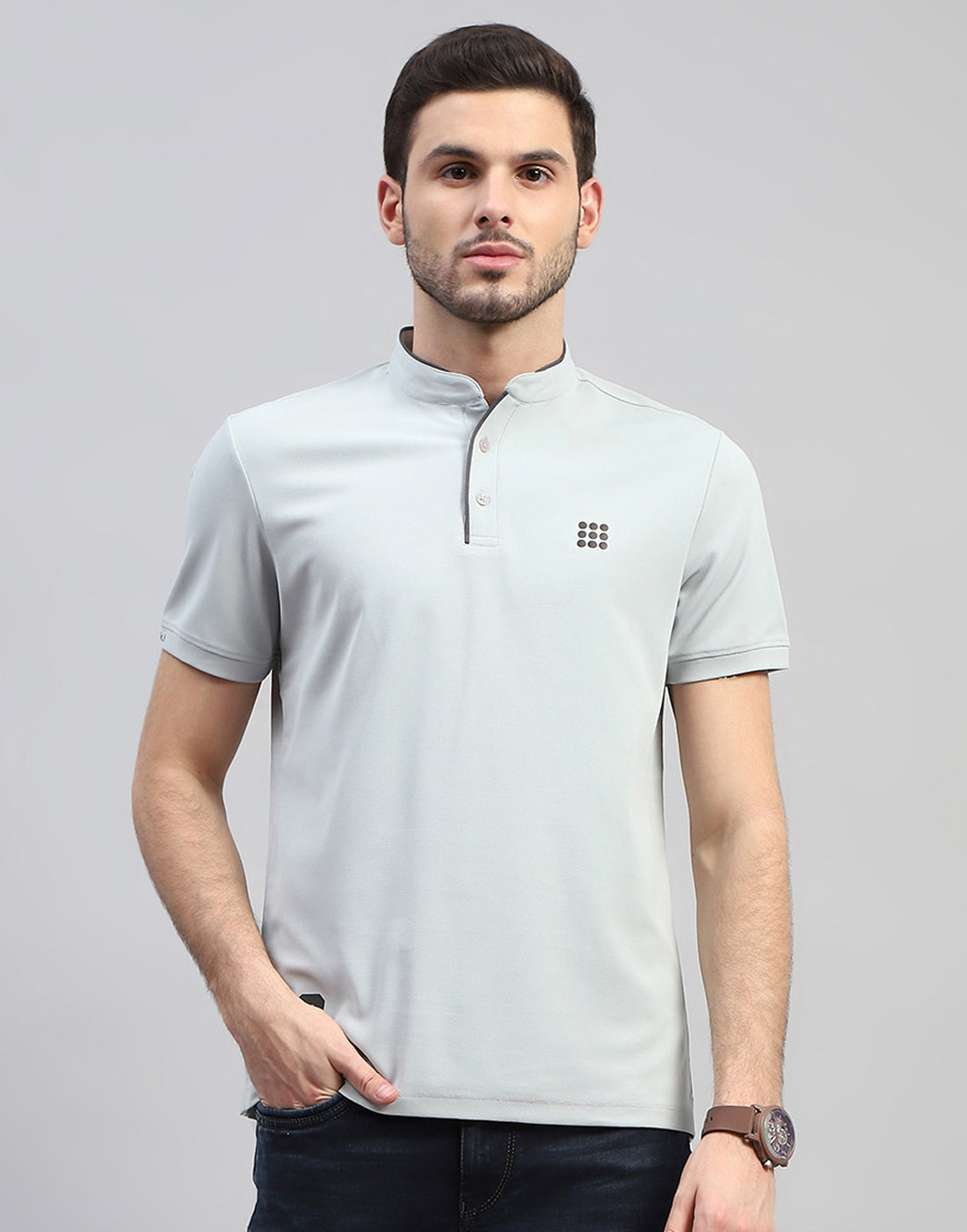 Men Grey Solid Mandarin Neck Half Sleeve T-Shirt