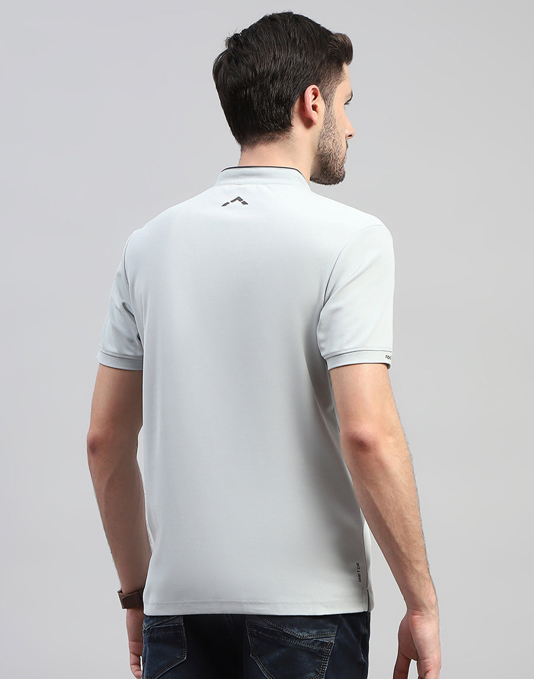 Men Grey Solid Mandarin Neck Half Sleeve T-Shirt