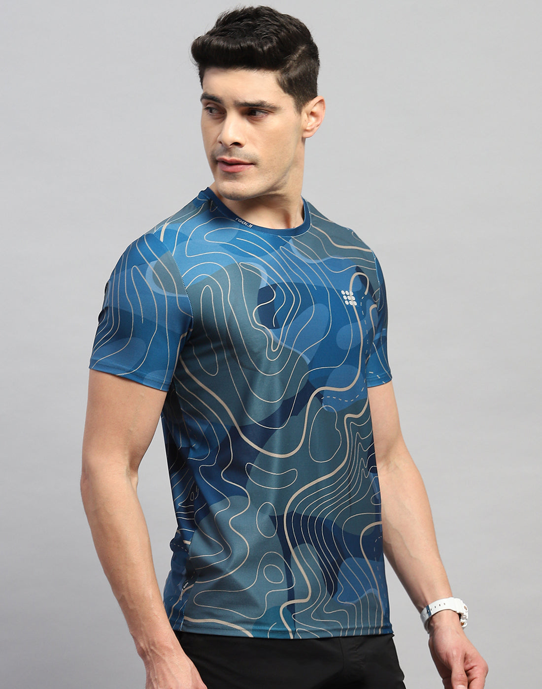 Men Blue Printed Round Neck Half Sleeve T-Shirt