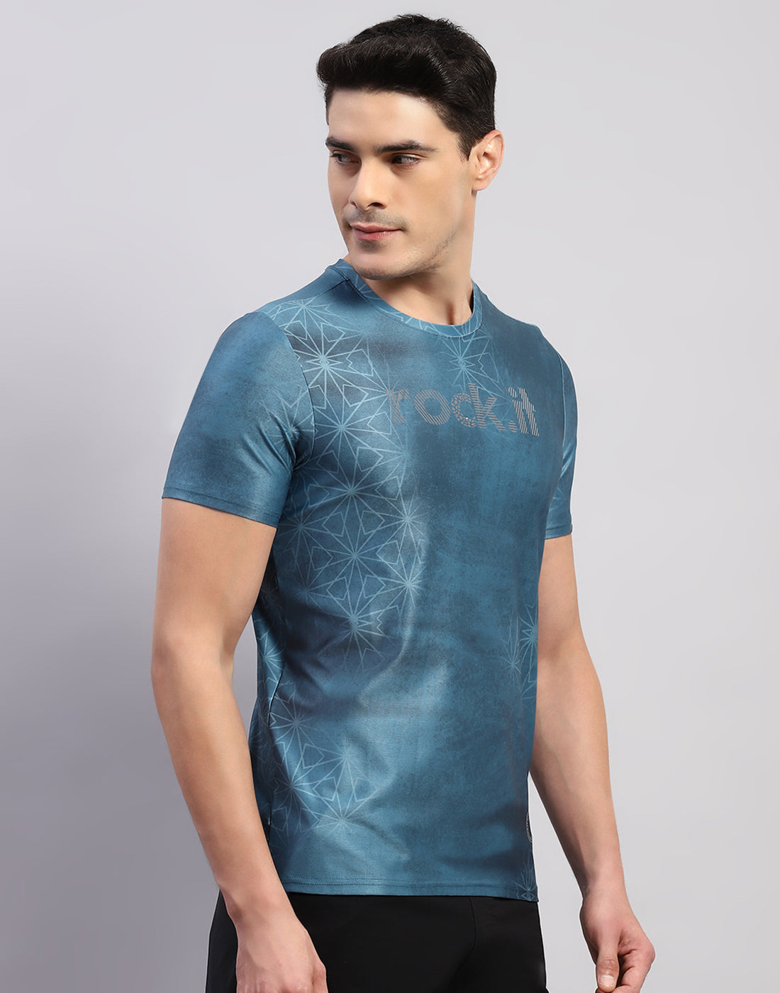 Men Teal Blue Printed Round Neck Half Sleeve T-Shirt