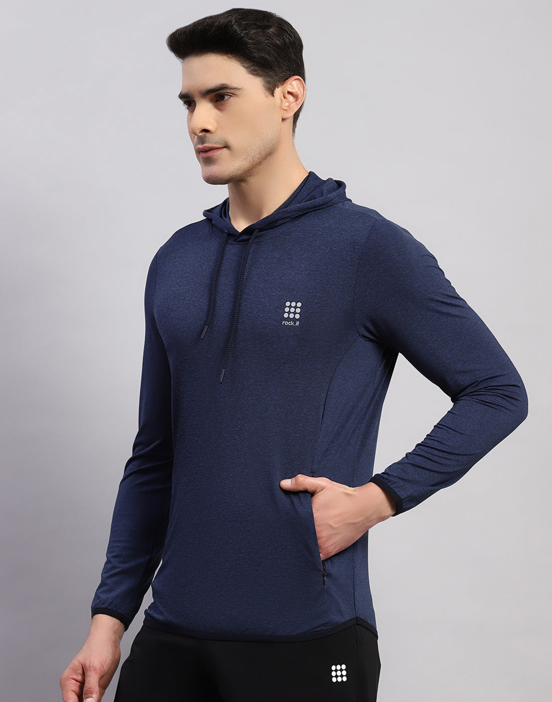 Men Navy Blue Solid Hooded Full Sleeve T-Shirt