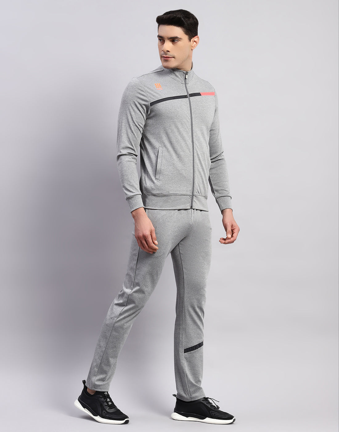 Men Grey Solid Mock Neck Full Sleeve Tracksuit