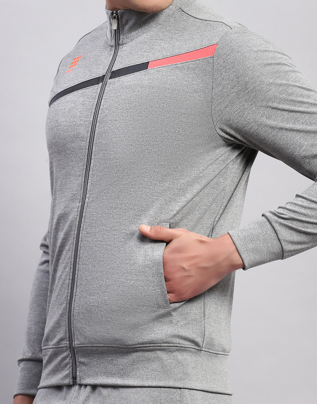 Men Grey Solid Mock Neck Full Sleeve Tracksuit