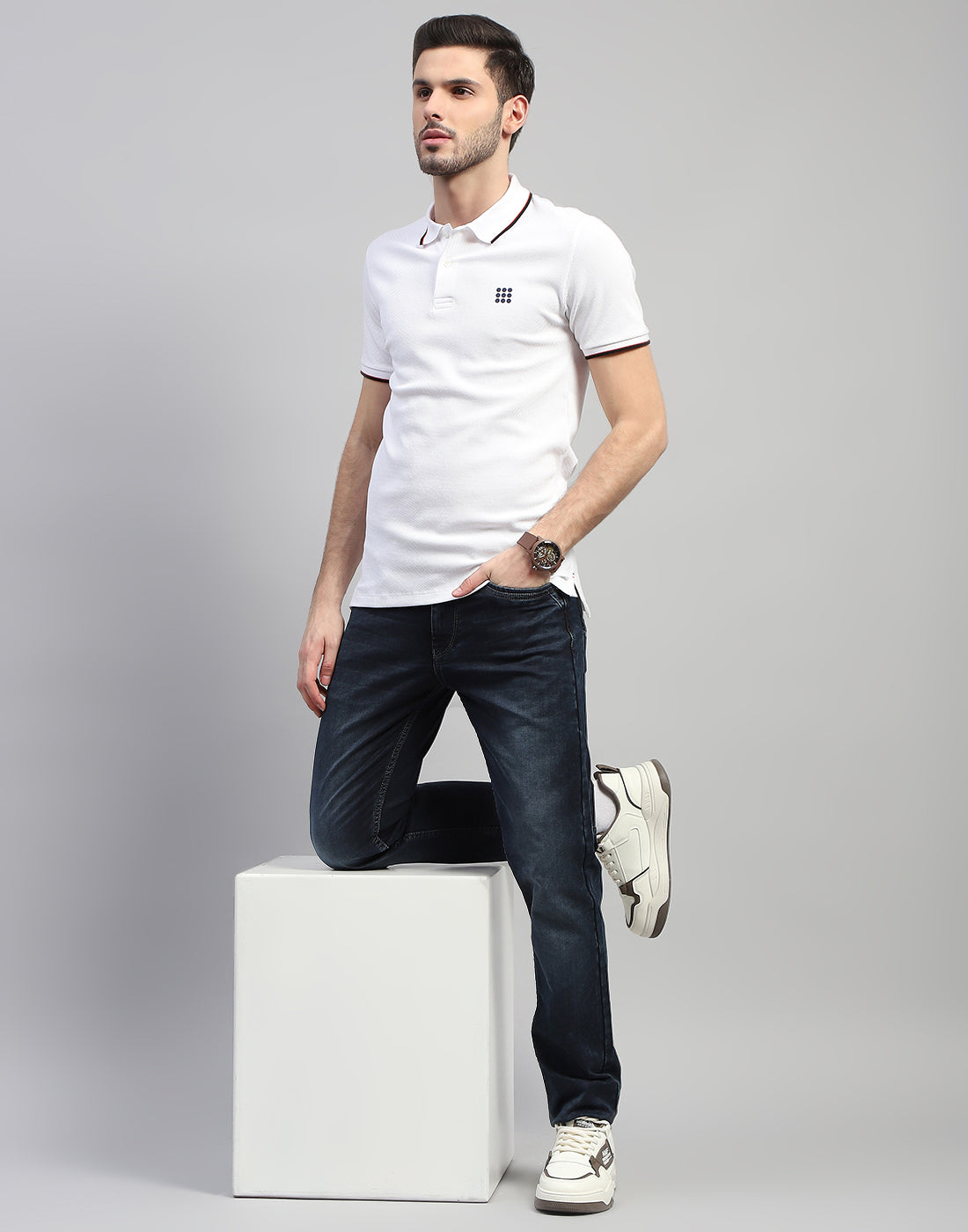 Men White Solid Polo Collar Half Sleeve T-Shirt