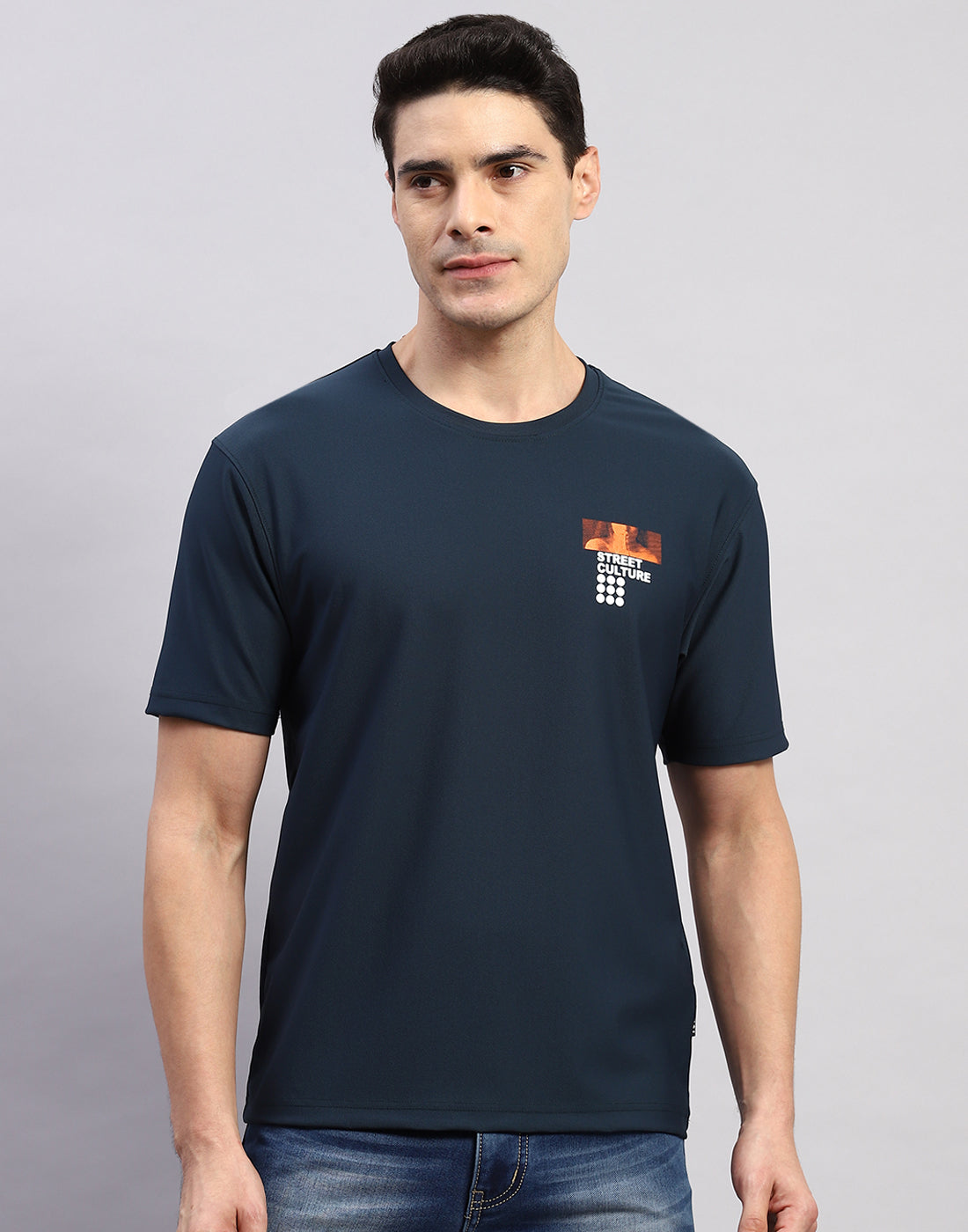 Men Navy Blue Printed Round Neck Half Sleeve T-Shirt