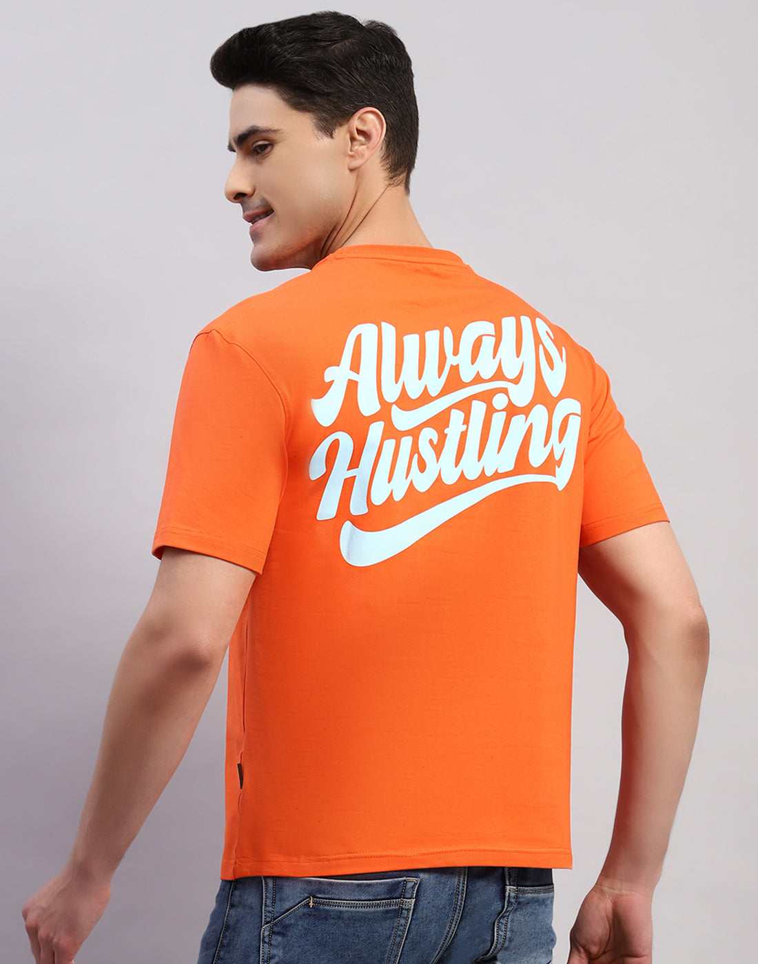 Men Orange Printed Round Neck Half Sleeve T-Shirt