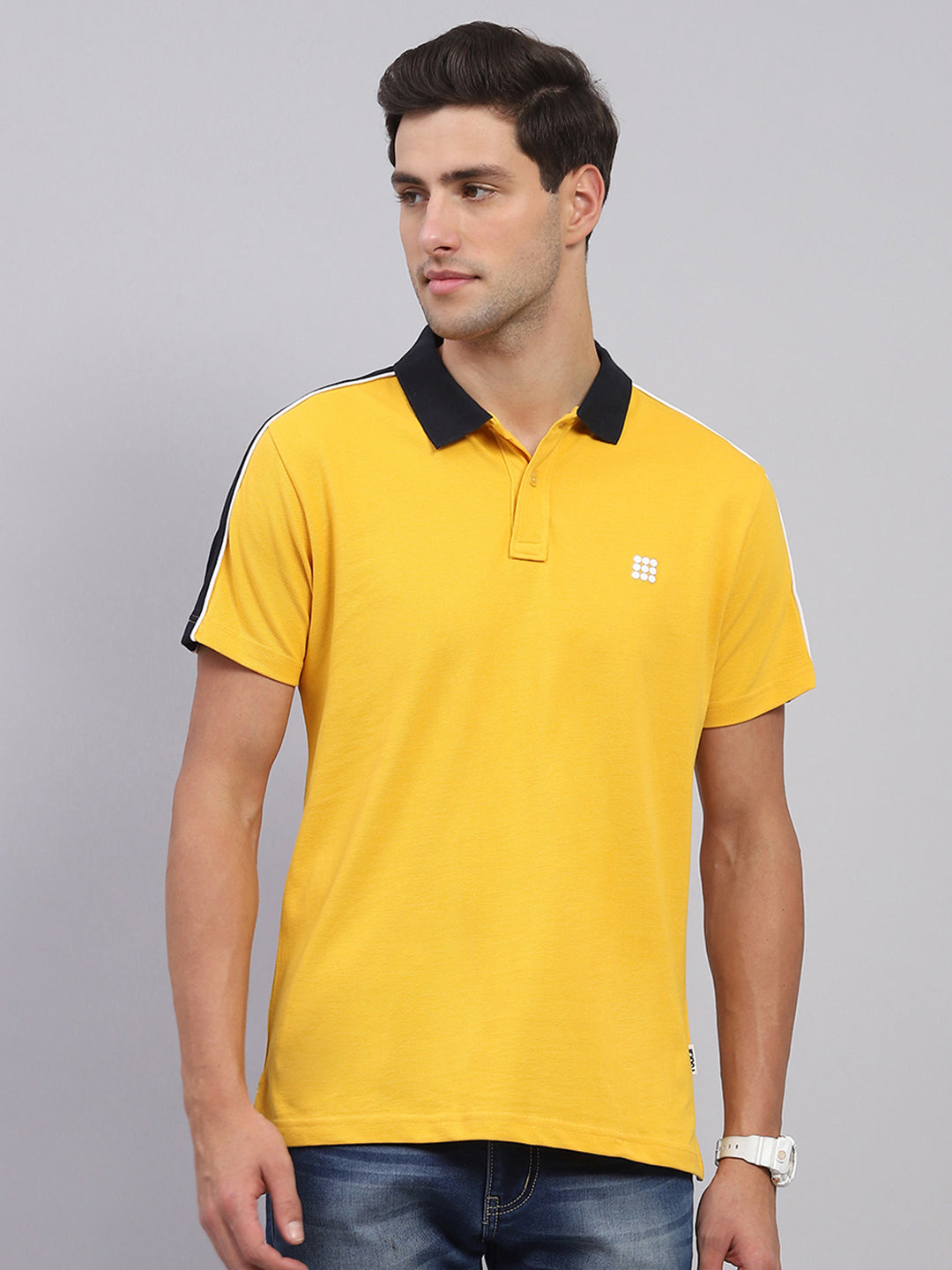 Men Mustard Solid Collar Half Sleeve T-Shirt