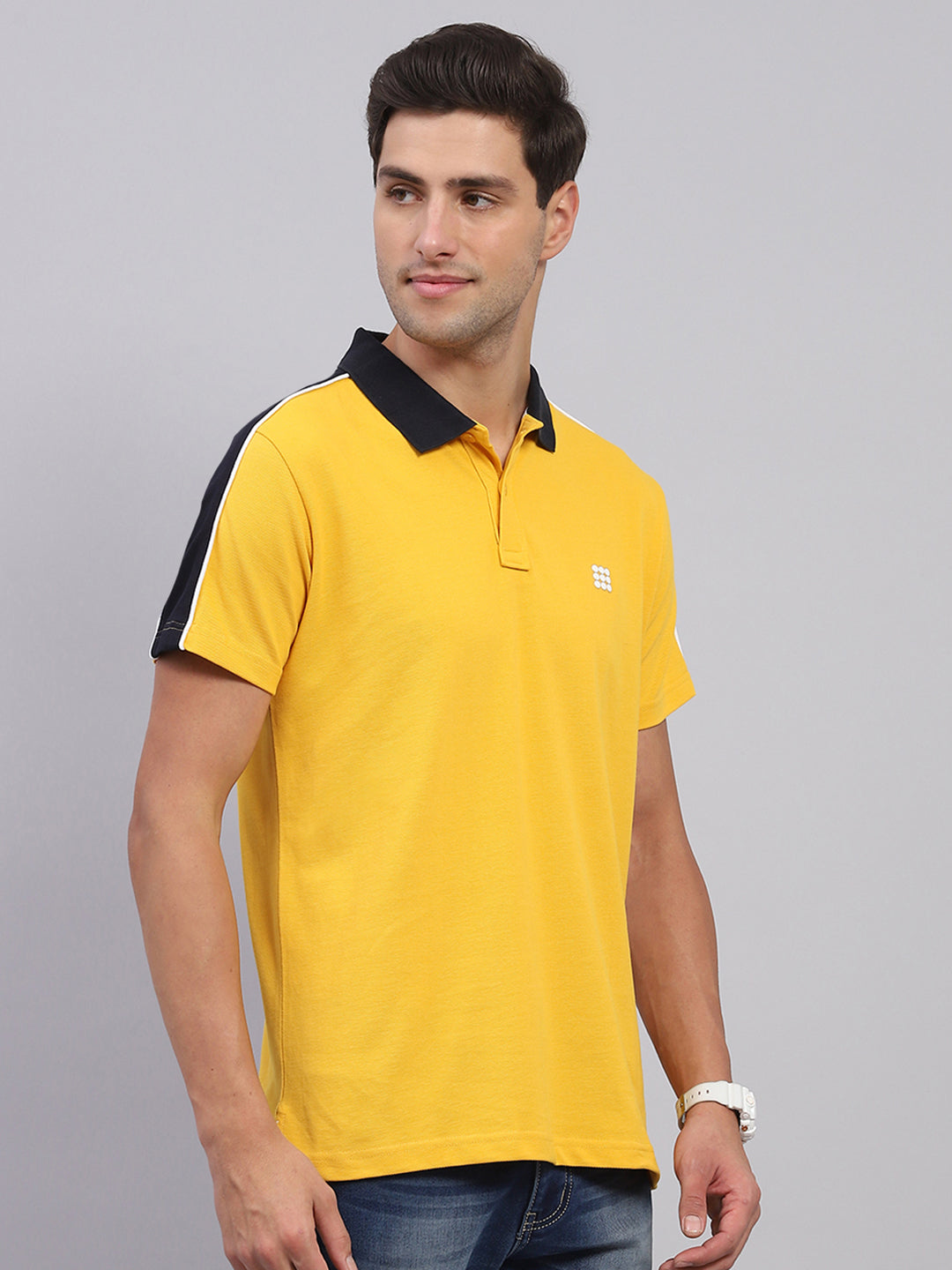 Men Mustard Solid Collar Half Sleeve T-Shirt