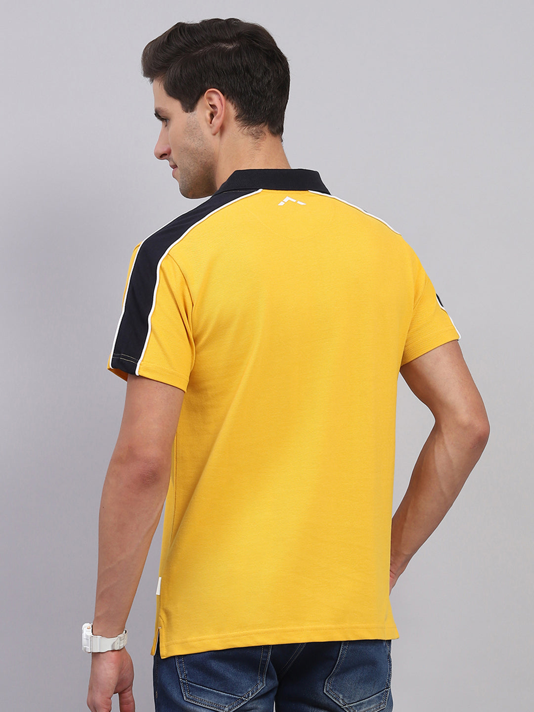 Men Mustard Solid Collar Half Sleeve T-Shirt