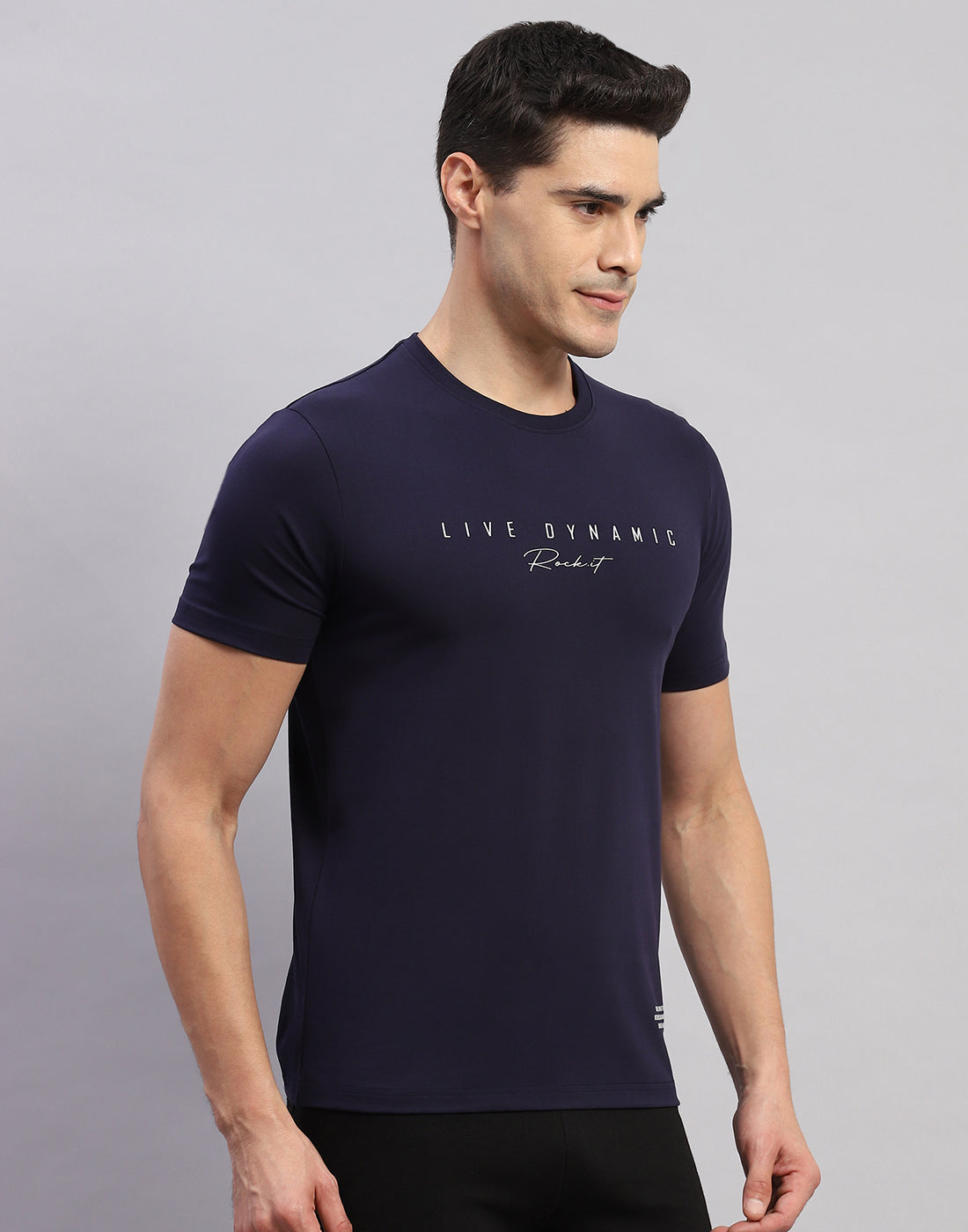 Men Navy Blue Printed Round Neck Half Sleeve T-Shirt