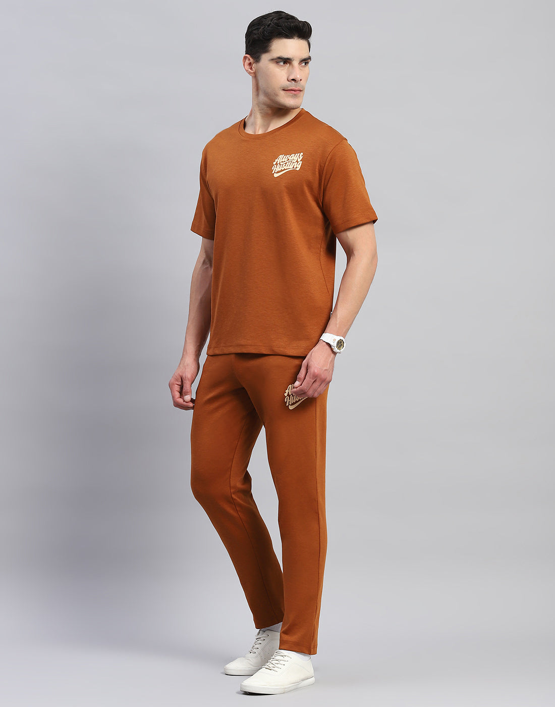 Men Rust Solid Round Neck Half Sleeve Lower Set