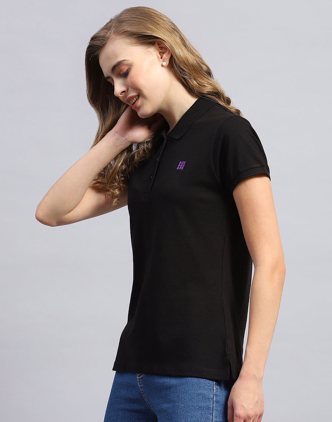 Women Black Solid Polo Collar Half Sleeve T-Shirt