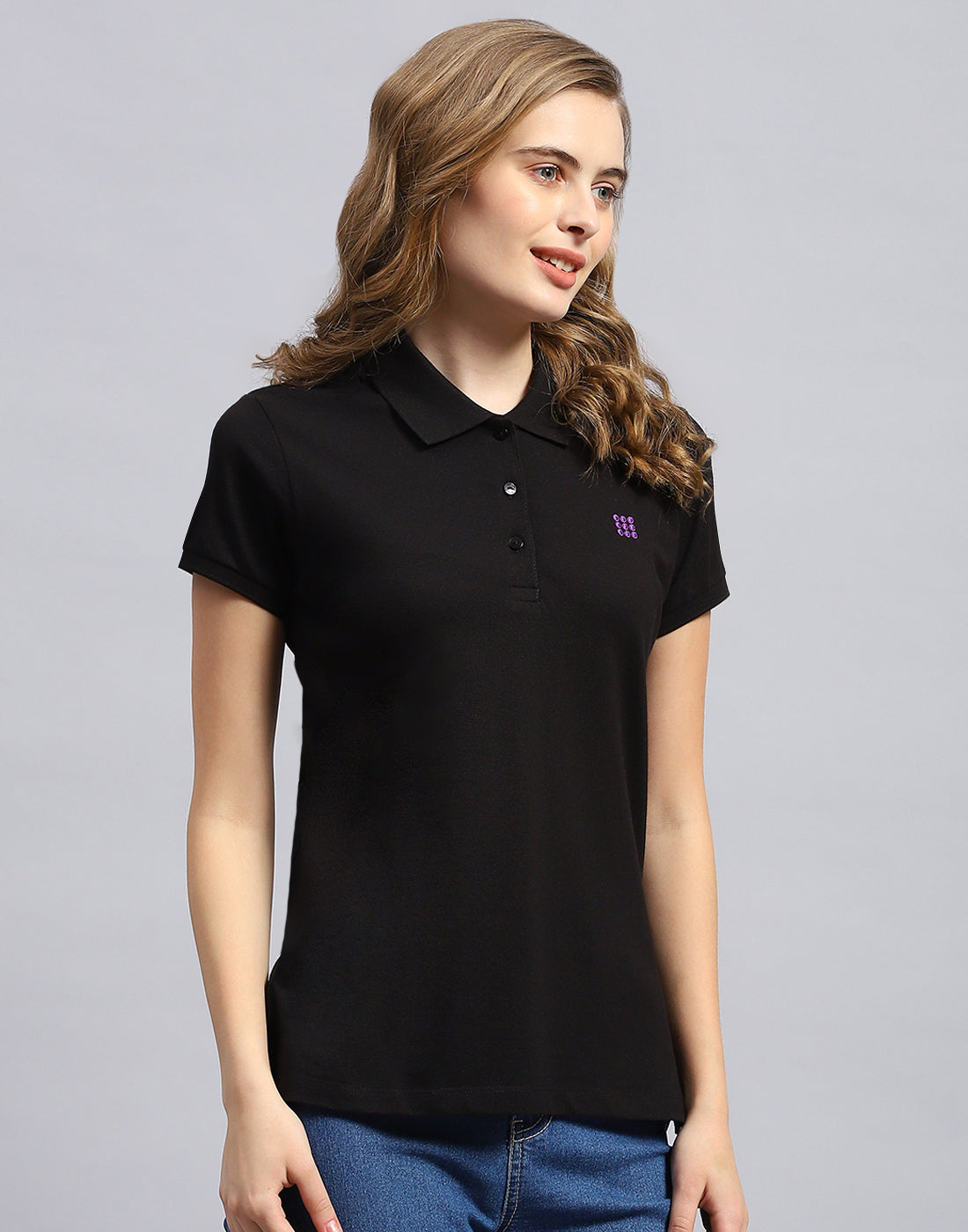 Women Black Solid Polo Collar Half Sleeve T-Shirt