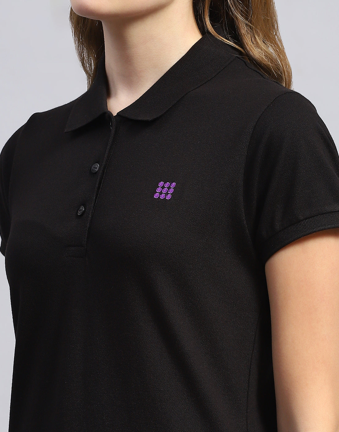 Women Black Solid Polo Collar Half Sleeve T-Shirt