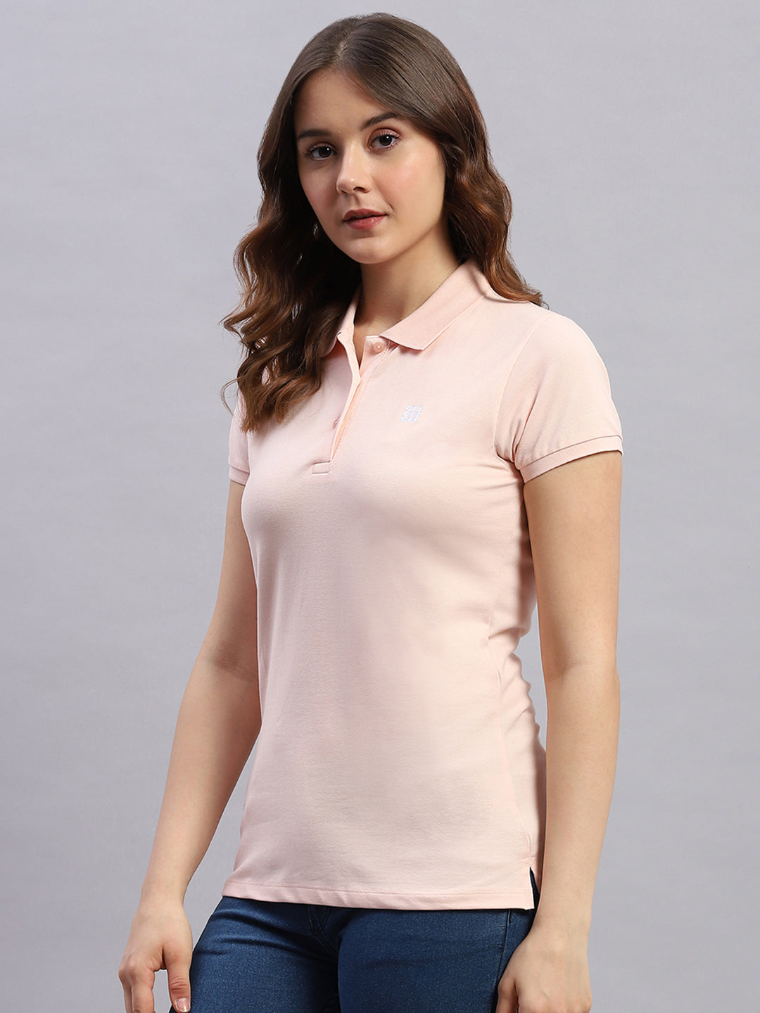 Women Peach Solid Collar Half Sleeve T-Shirt