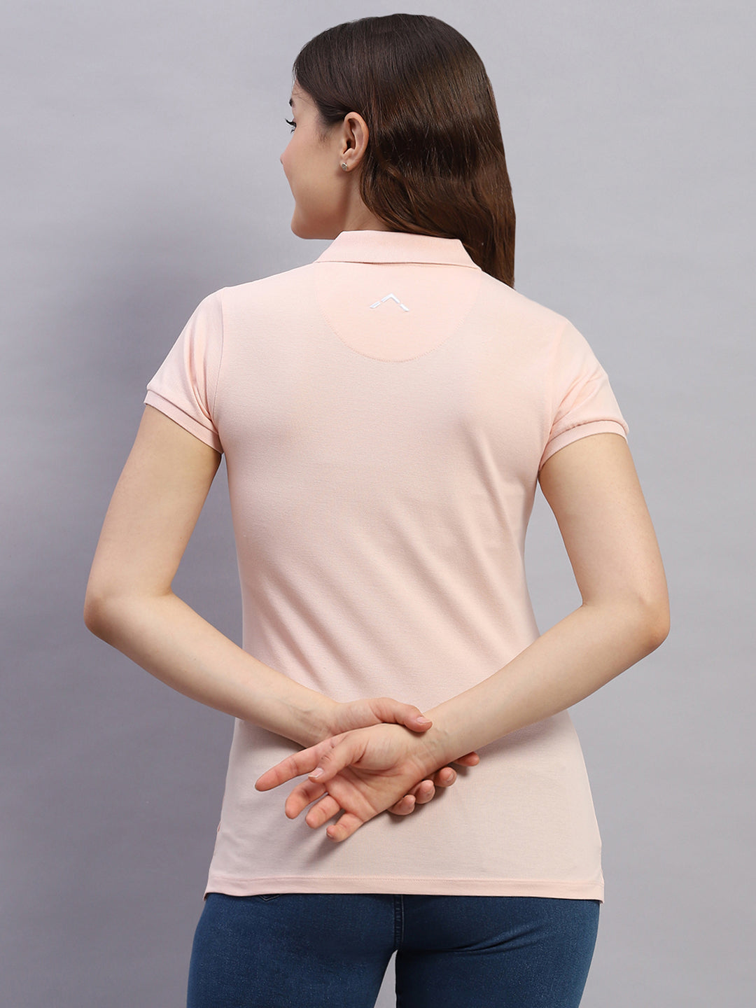 Women Peach Solid Collar Half Sleeve T-Shirt