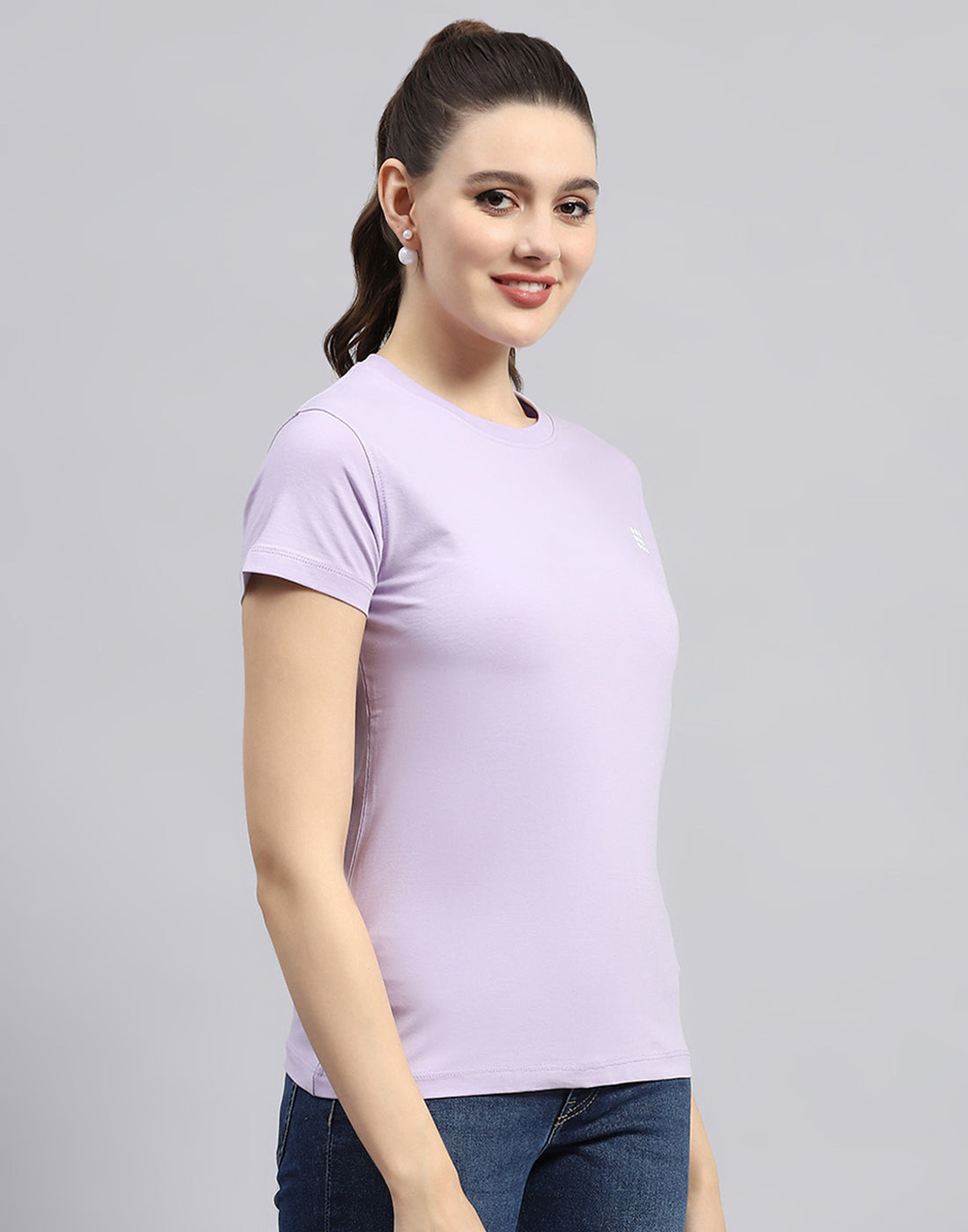 Women Purple Solid Round Neck Half Sleeve Top