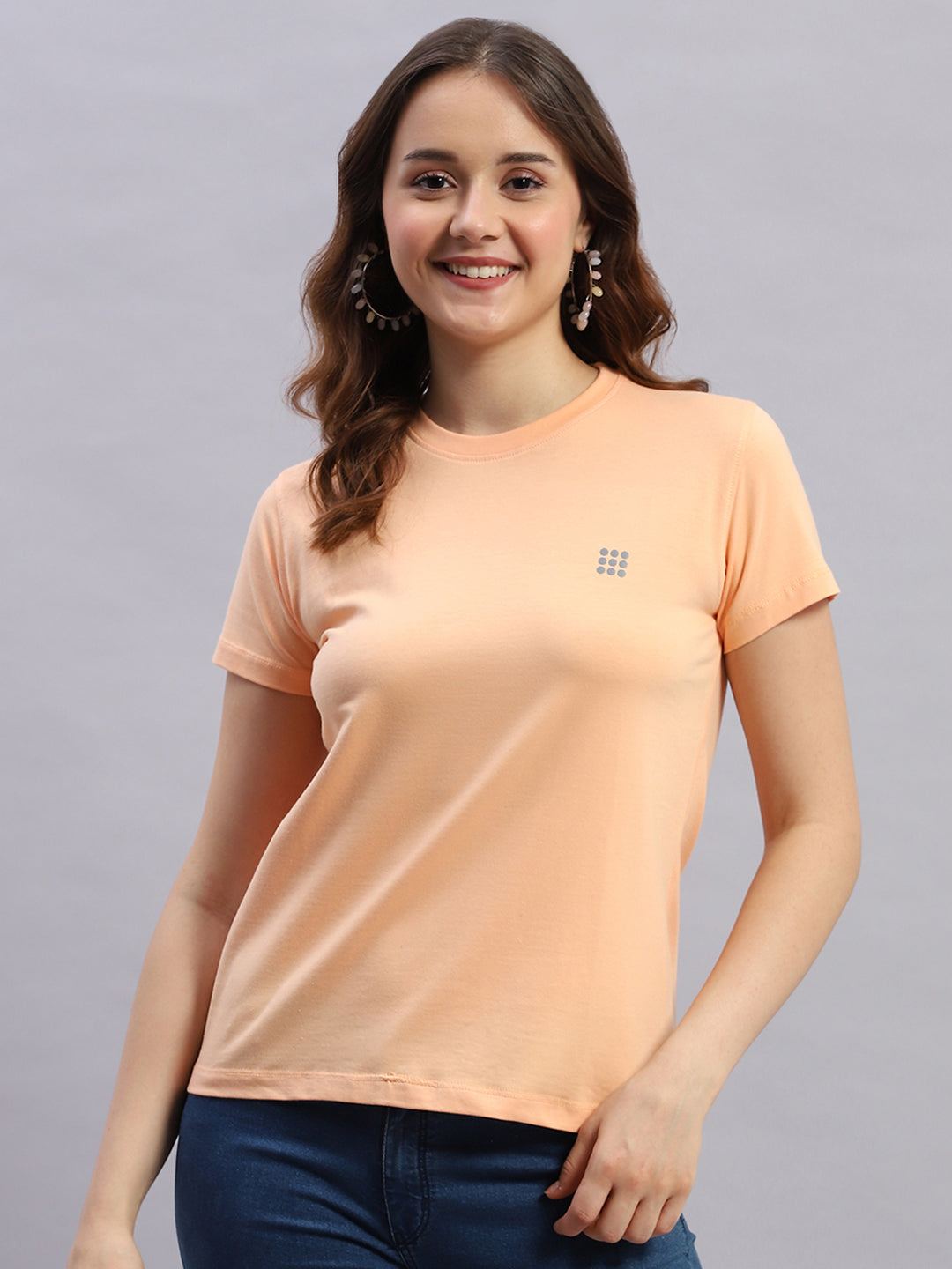 Women Peach Solid Round Neck Half Sleeve Top