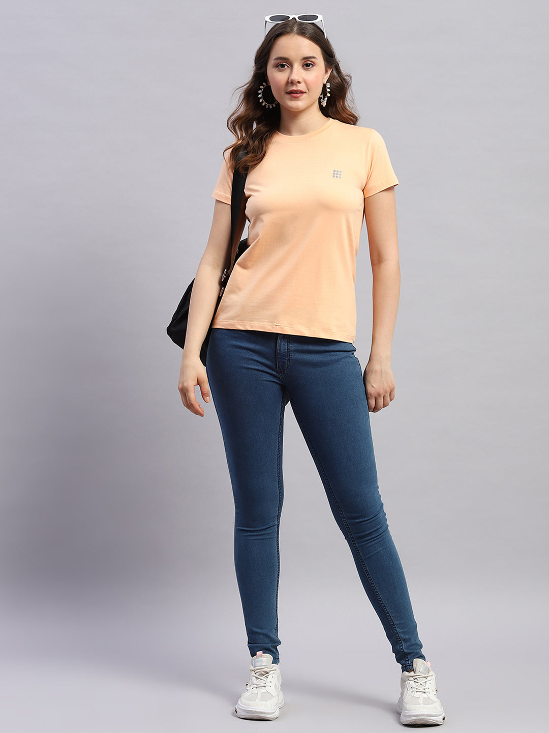 Women Peach Solid Round Neck Half Sleeve Top