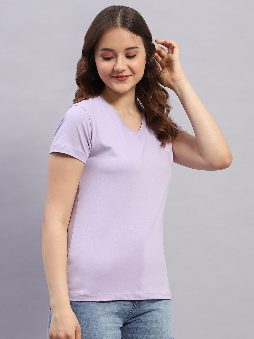 Women Purple Solid V Neck Half Sleeve Top