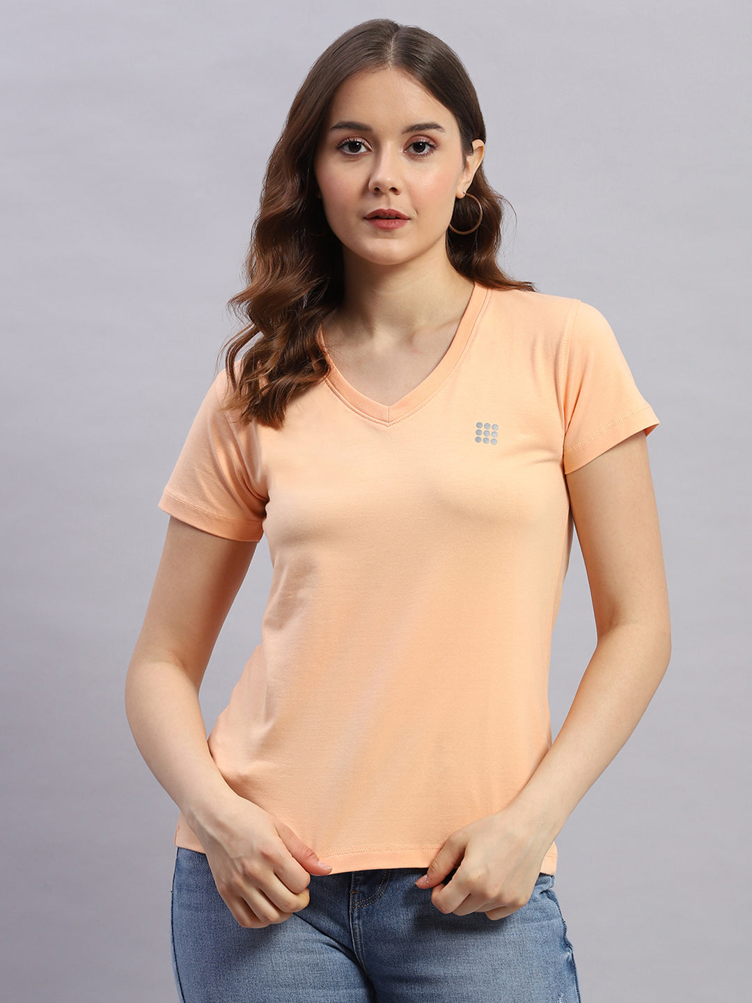 Women Peach Solid V Neck Half Sleeve Top