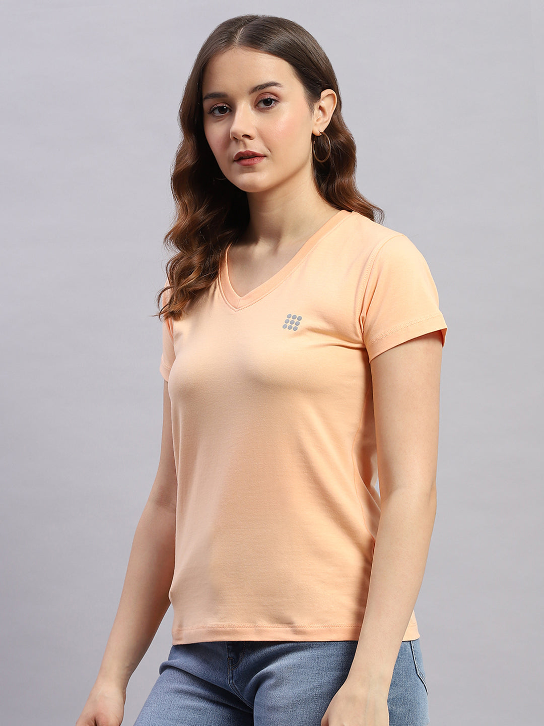 Women Peach Solid V Neck Half Sleeve Top