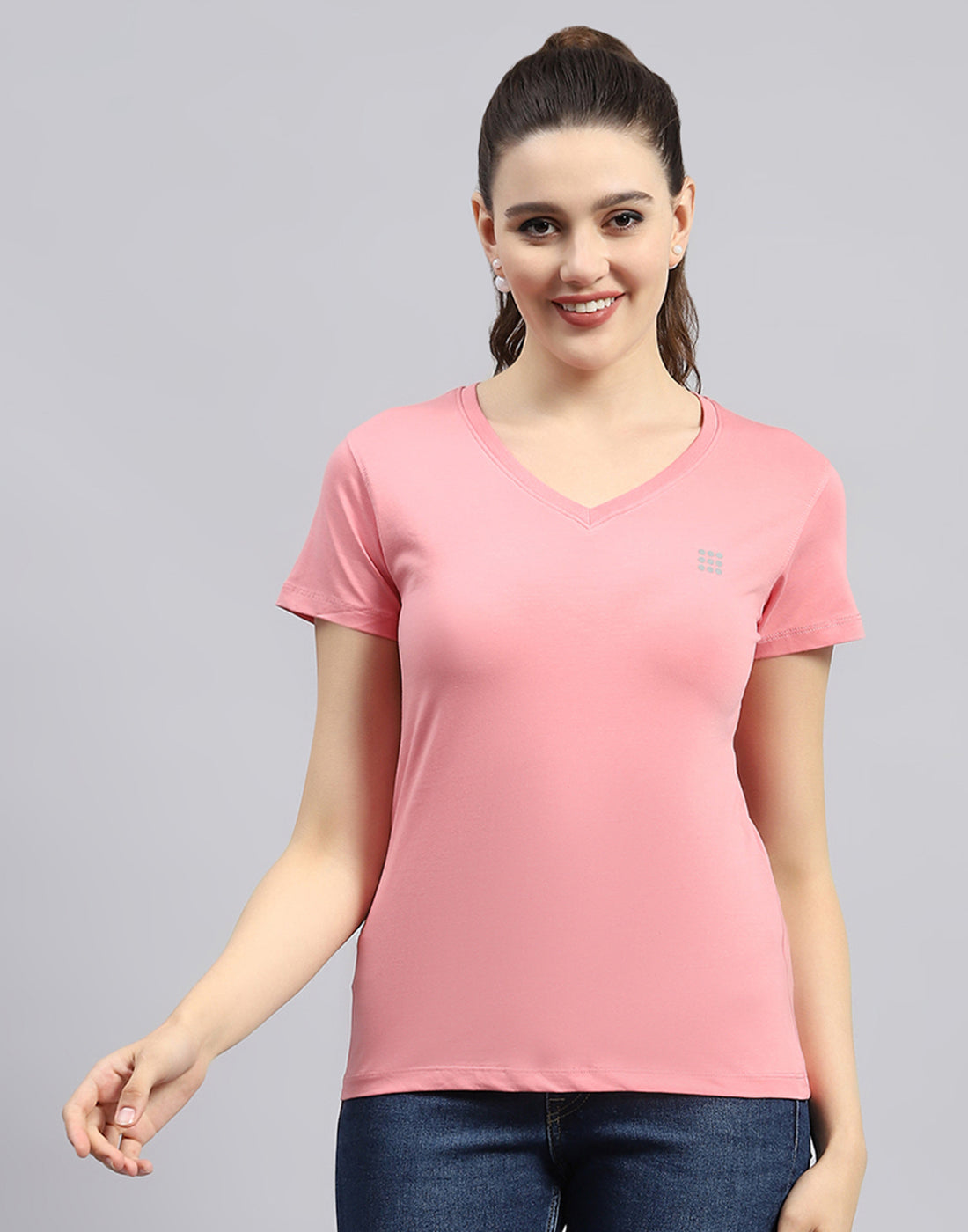 Women Pink Solid V Neck Half Sleeve Top