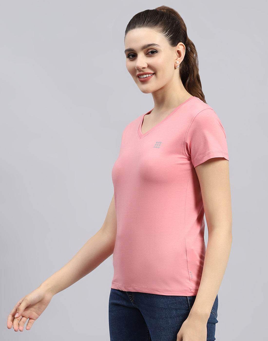 Women Pink Solid V Neck Half Sleeve Top