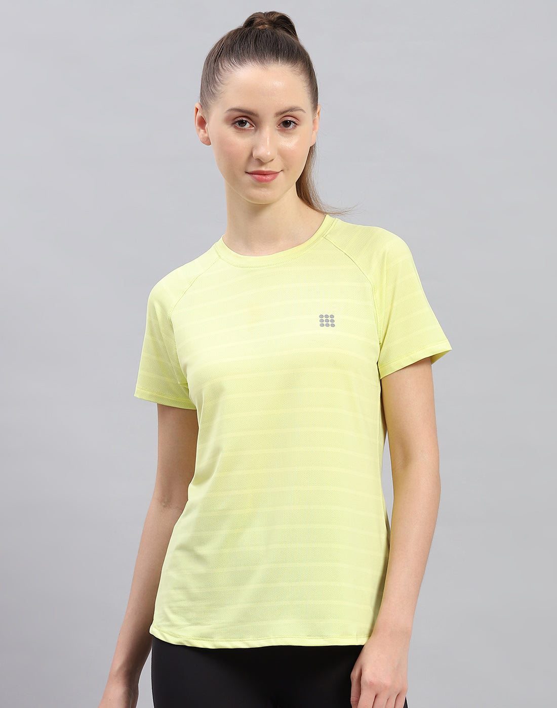 Women Yellow Self Design Round Neck Half Sleeve Top