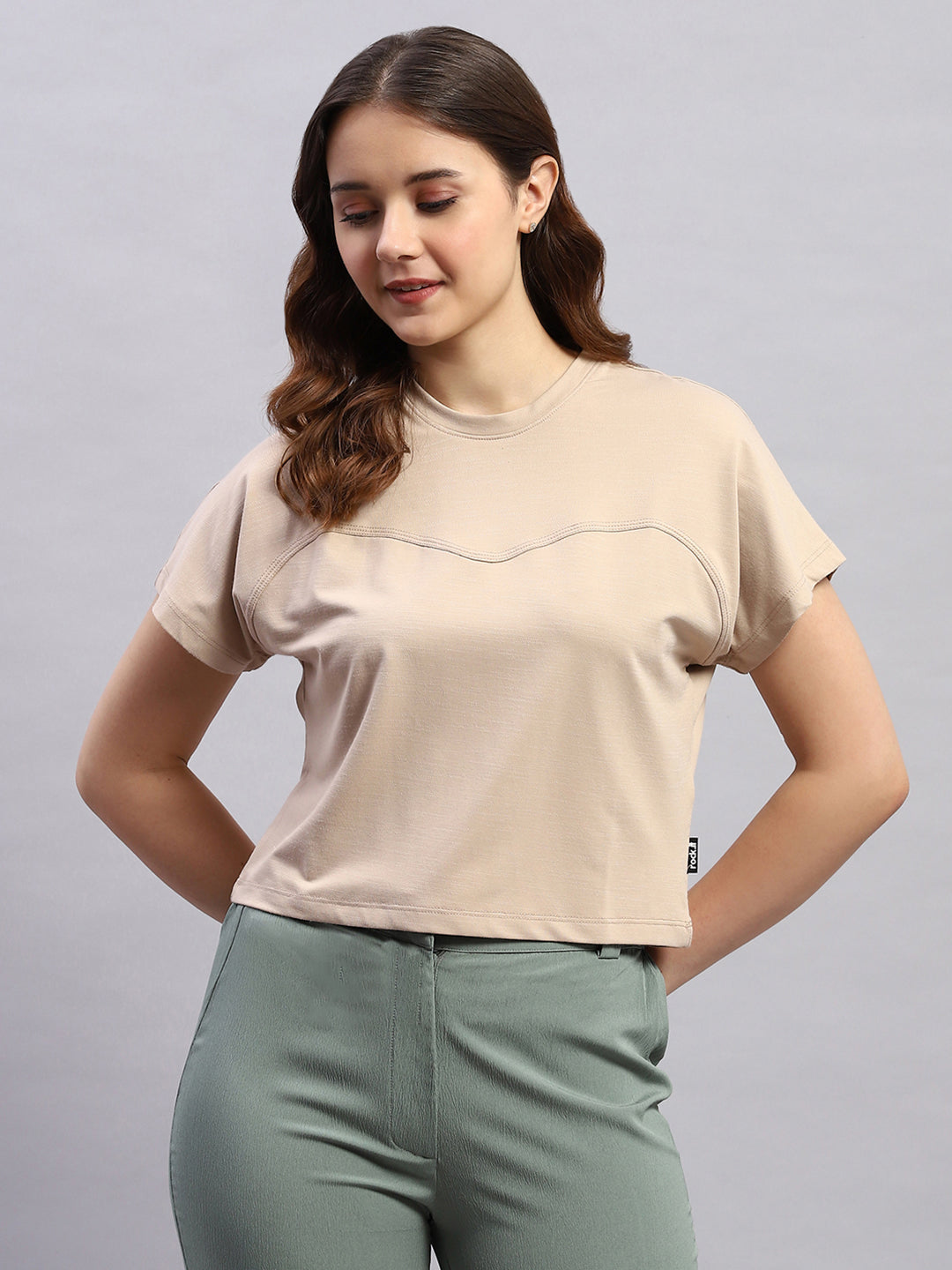 Women Beige Solid Round Neck Half Sleeve Top