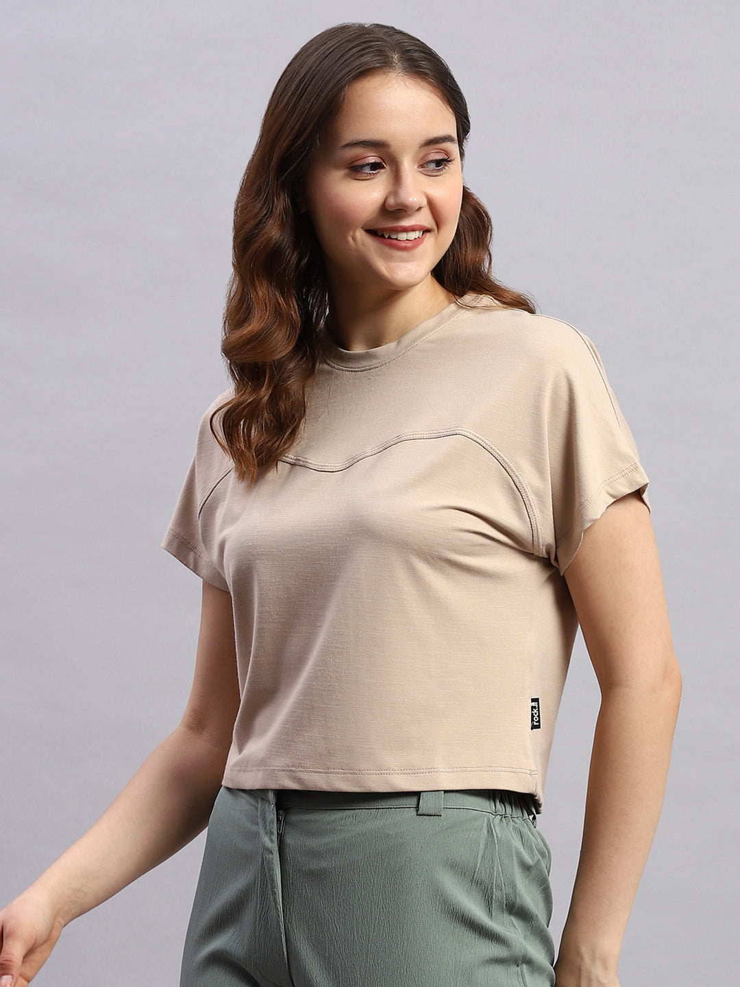 Women Beige Solid Round Neck Half Sleeve Top